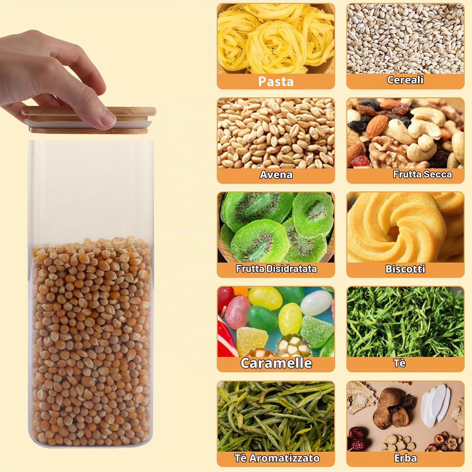 4 barattoli con coperchio, 2 l, in vetro con coperchio, ermetici, rettangolari con coperchio in legno, etichette e penna per pasta Cornflakes Spaghetti chicchi di caffè