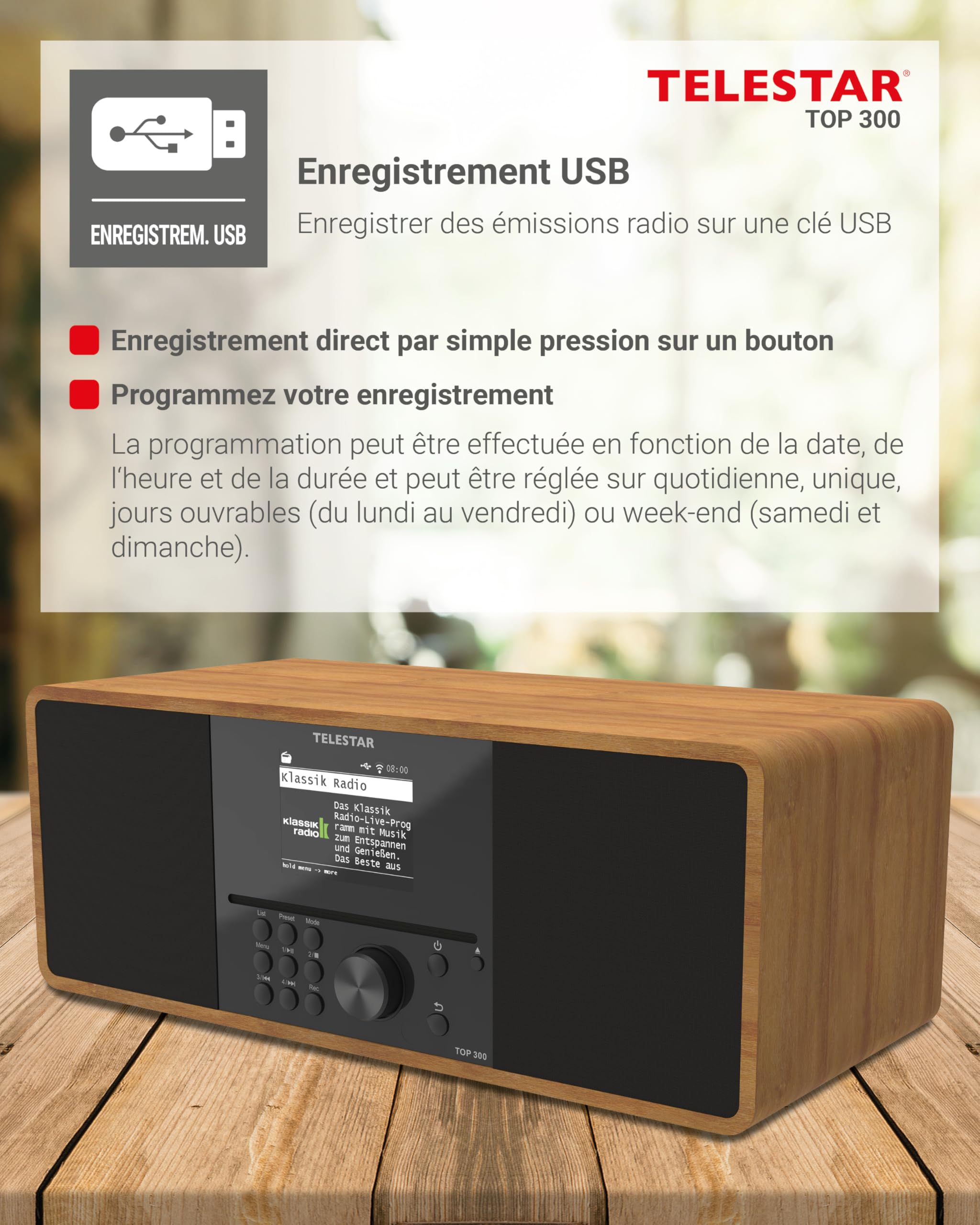 TELESTAR Top 300 – Radio Dab+/Internet avec Lecteur CD (stéréo, 2 × 15 W, Services de Streaming, Bluetooth Audio-Streaming & Fonction d’Envoi, Enregistrement USB, système d’Alerte d’Urgence) – Bois