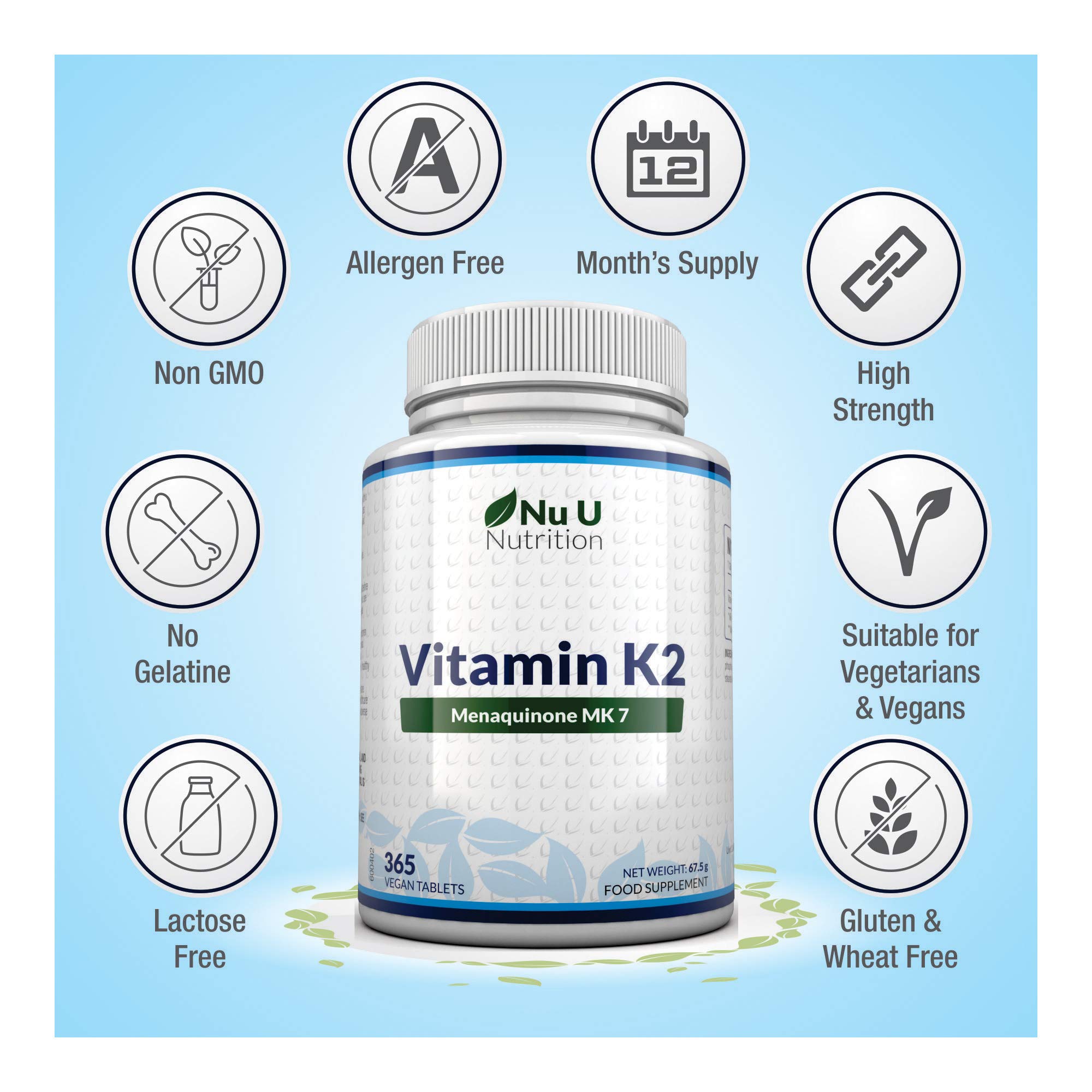 Vitamin K2 MK 7 200mcg 365 Vegetarian and Vegan Tablets (not Capsules
