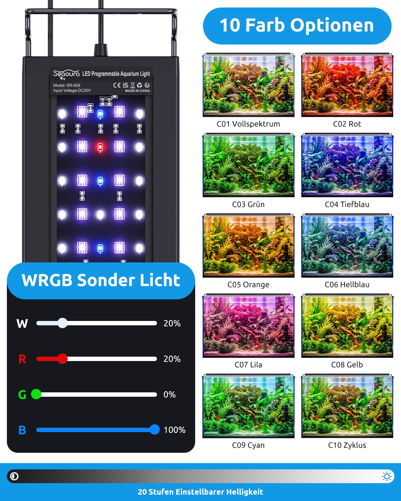 SEAOURA Aquarium Lampe mit Temperaturalarm, 90-106cm Vollspektrum LED, 24/7 programmierbar mit Speicherfunktion, WRGB individuell, 20 dimmbare Helligkeitsstufen für Süßwasseraquarien
