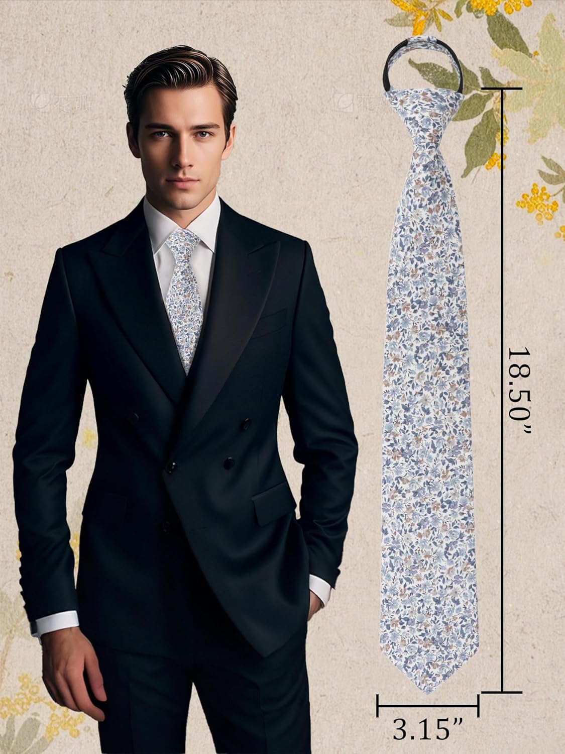 Floral Zipper Ties for Men Flower Patten Clip on Tie Formal Necktie for Wedding Graduation Gift - Image 3
