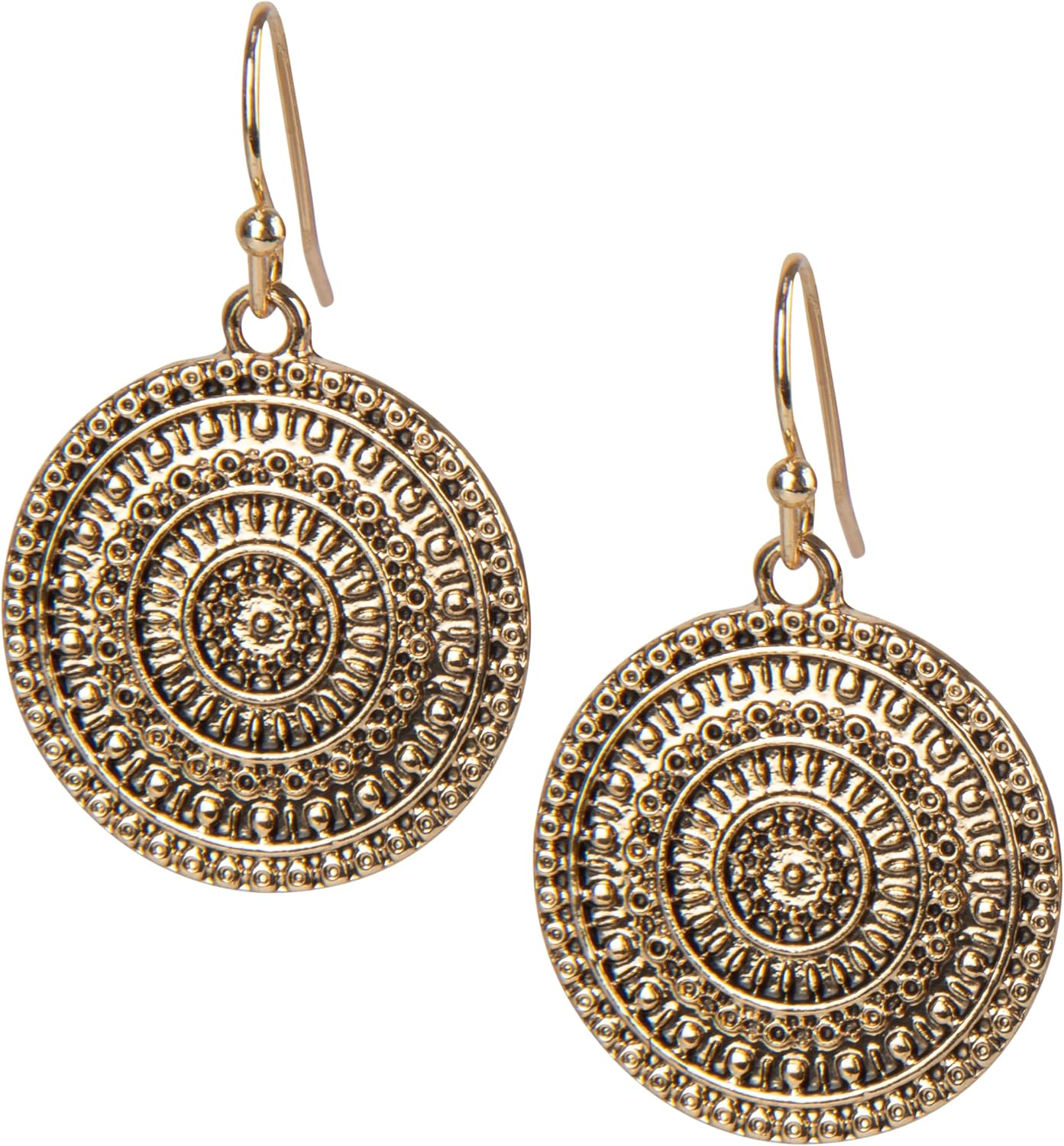 Boho gold hoop drop earrings with filigree medallion charm