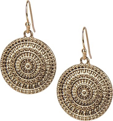 Gold Earrings for Women Dangle Lightweight Drop Medallion Charm, Vintage Zinc Metal, Trendy Festival Gifts, Hoop Accessories, Large & Small, Push Back Wire, Everyday & Party Jewelry