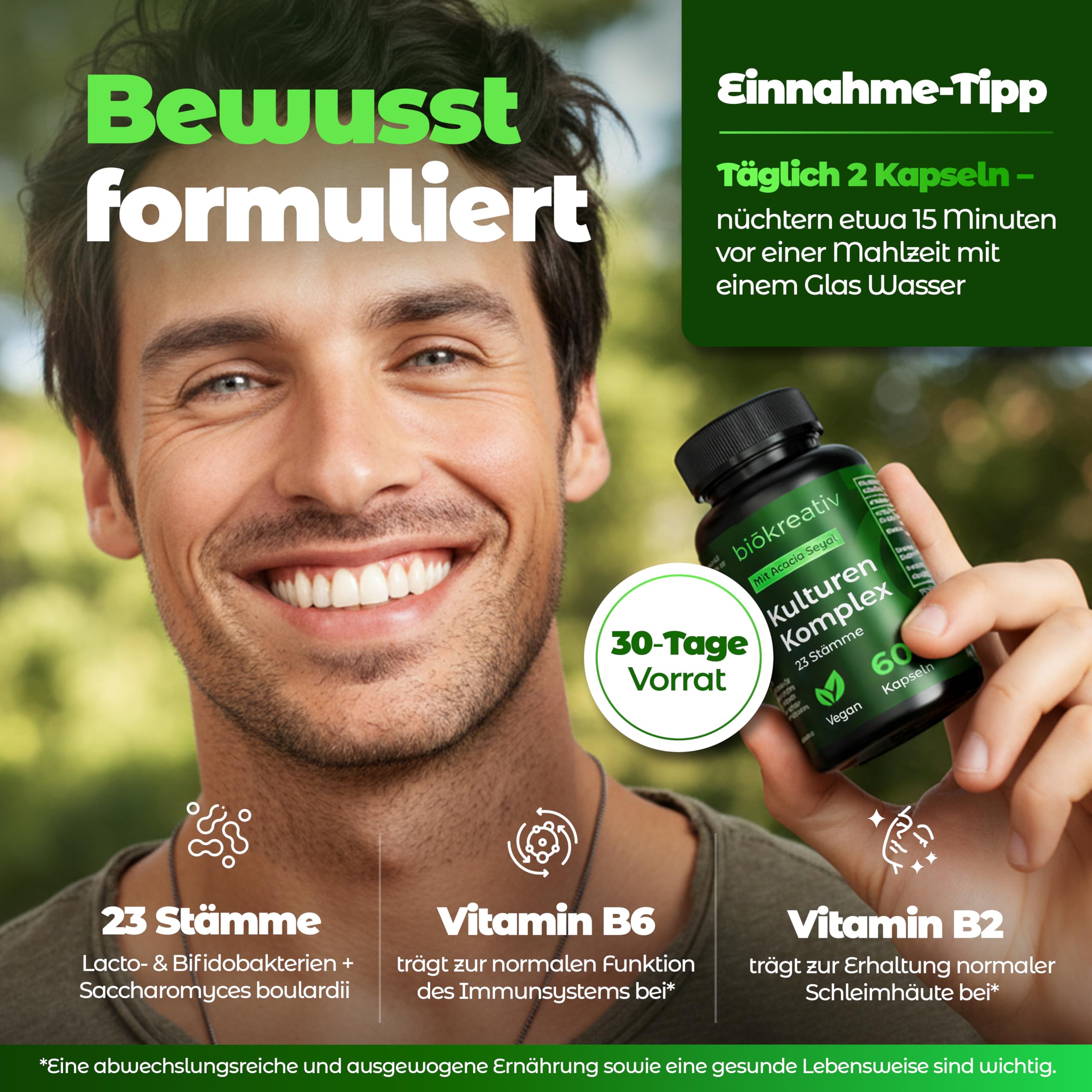 Biökreativ Kulturen Komplex ohne Inulin – 21 Mrd. KBE, 23 Stämme, mit Akazienfaser, Bakterienkulturen, Bifidobakterien, Lactobacillus, Vitamin B2 & B6, Vegan, 60 Kapseln