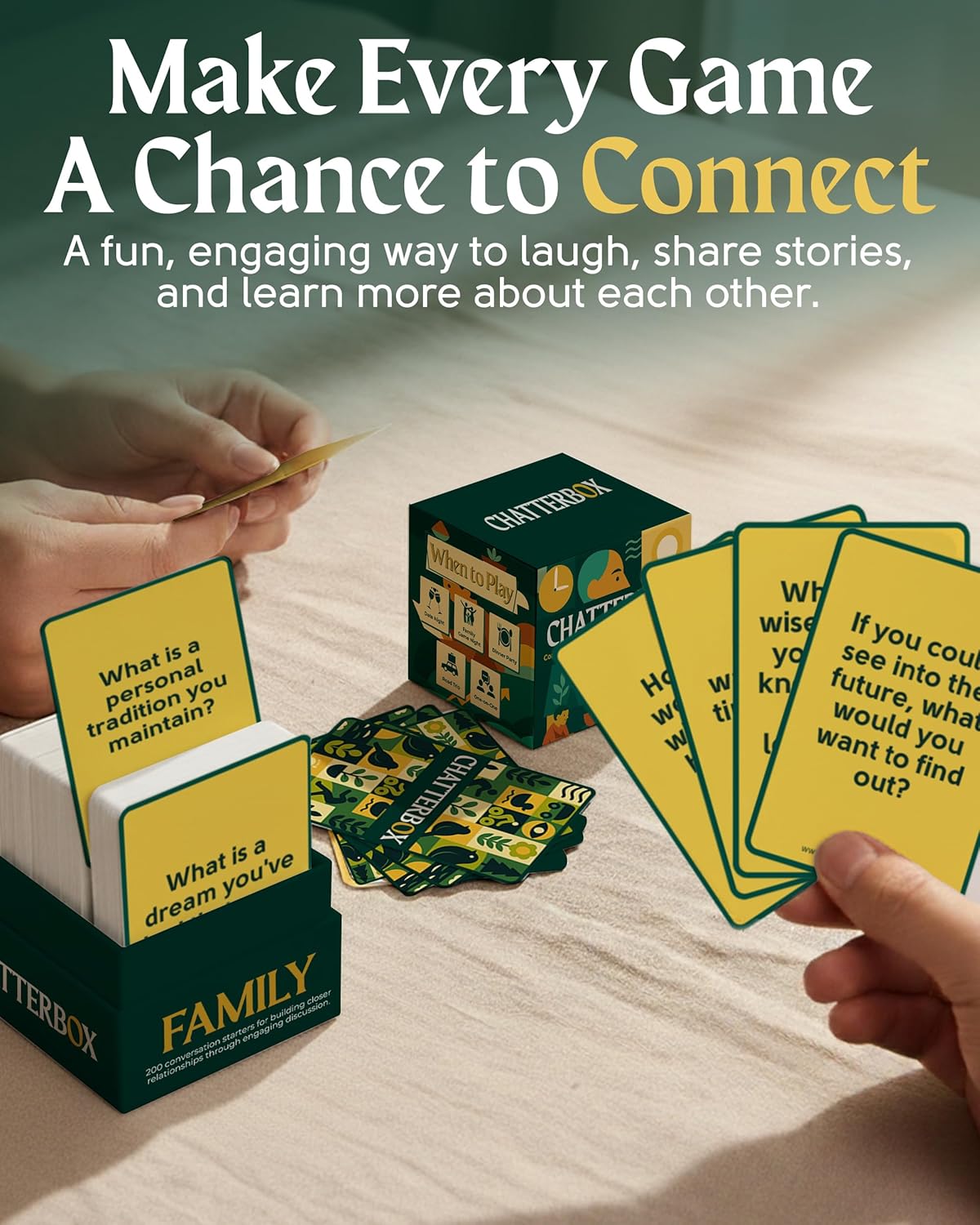 Chatterbox Conversation Cards for Families & Parents, Share Life Stories & Connect with Family & Get to Know You Game, Perfect for Game Night, Family Reunion, Dinner Table or Road Trips, 2+ Players