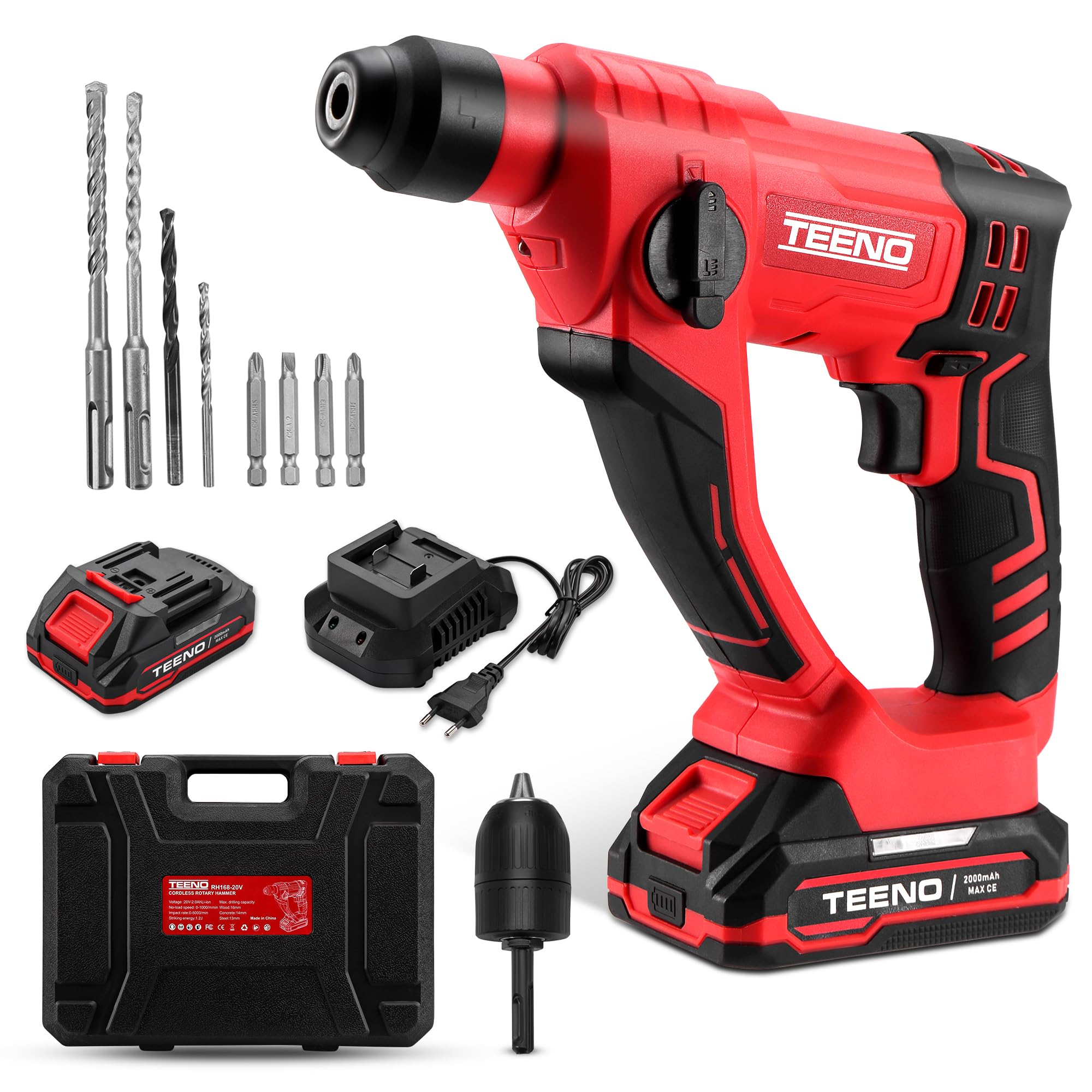 TEENO Taladro percutor 20V SDS-Plus Li-Ion, Martillo perforador con 0-1150RPM/5100BPM ，1.2J impacto con 2 x 2Ah batería y maletín de transporte para hormigón, acero y madera
