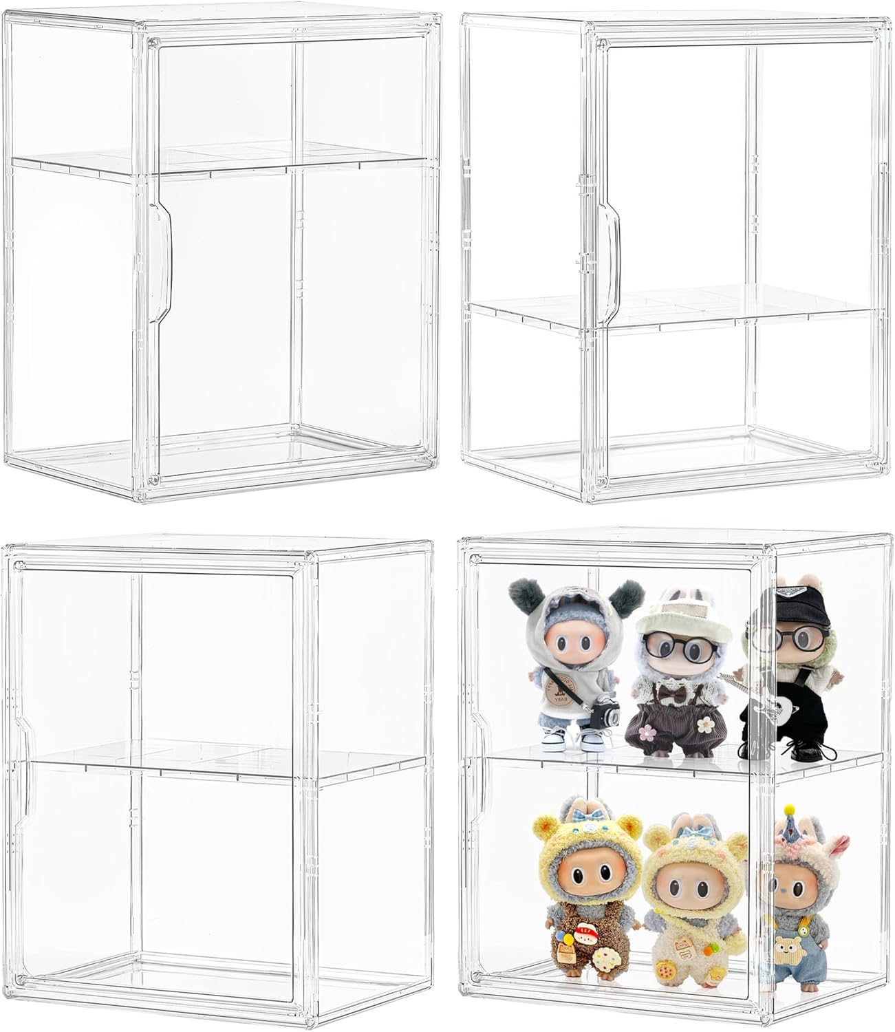 Attelite Acrylic Display Case Compatible with POP MART Labubu Display Case 4 Pack Clear Display Box with Magnetic Door for Figures Collectibles, 3 Adjustable Layers with a Removable Divider,X Large L-4pack