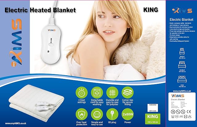 AIMS Electric Blanket KING Heated Under Bed Comfort Detachable DUAL Controller with 3 Heat Settings, Polyester, White Super Cosy Washable Fleece Heated Blanket Throws Pad, Coverlet, mantle