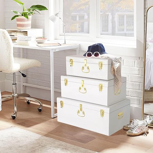 Miniatura 76 de Vixdonos Juego de 2 baúles decorativos de almacenamiento de caja de metal con asa (blanco con cierres de bronce) Blanco con cierres de bronce,Beige