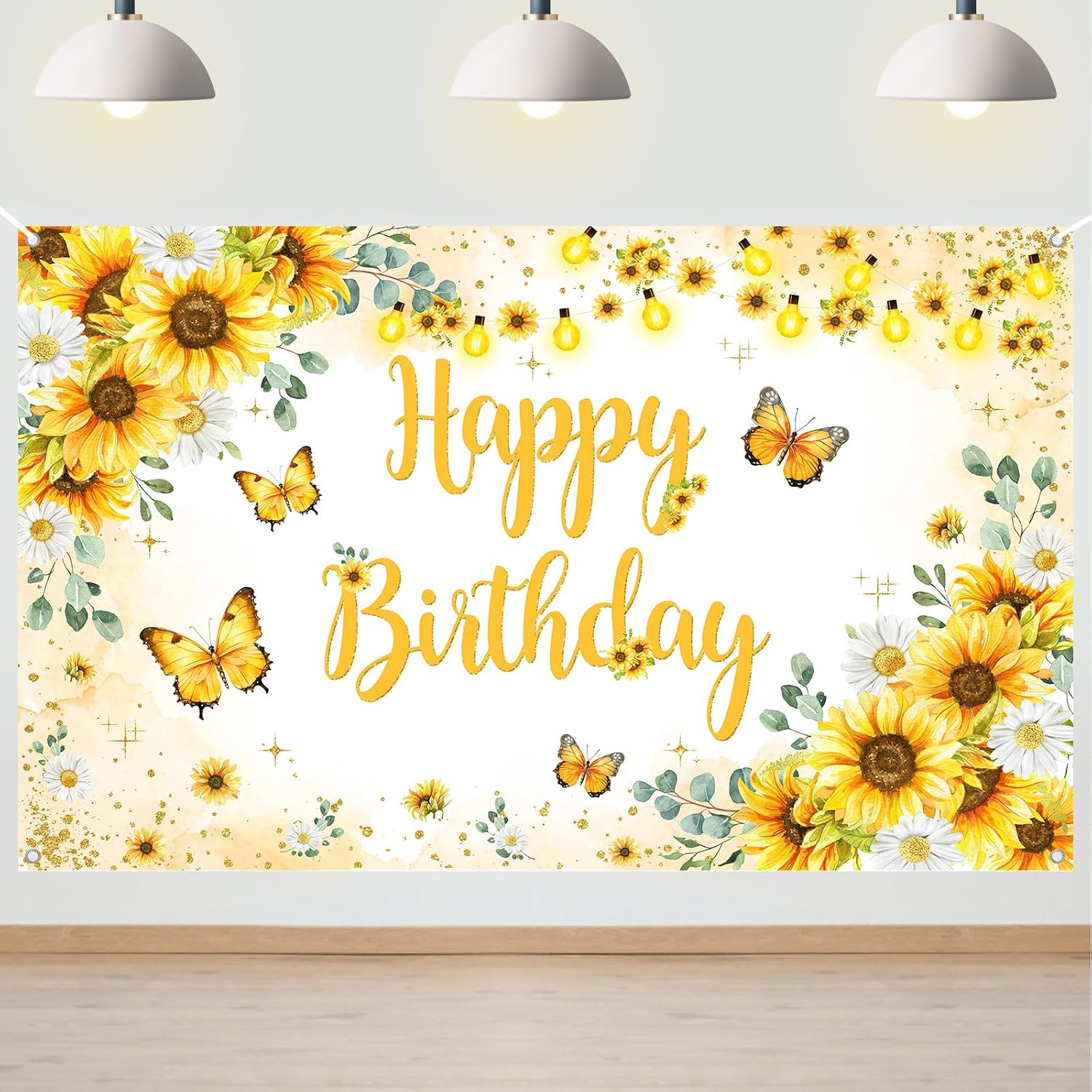 Avezano Sunflower Happy Birthday Banner for Women Butterfly Sunflower Birthday Party Decorations Backdrop Butterfly Girls 1st 2nd 16th Bday Party Banner (6x3.6ft)