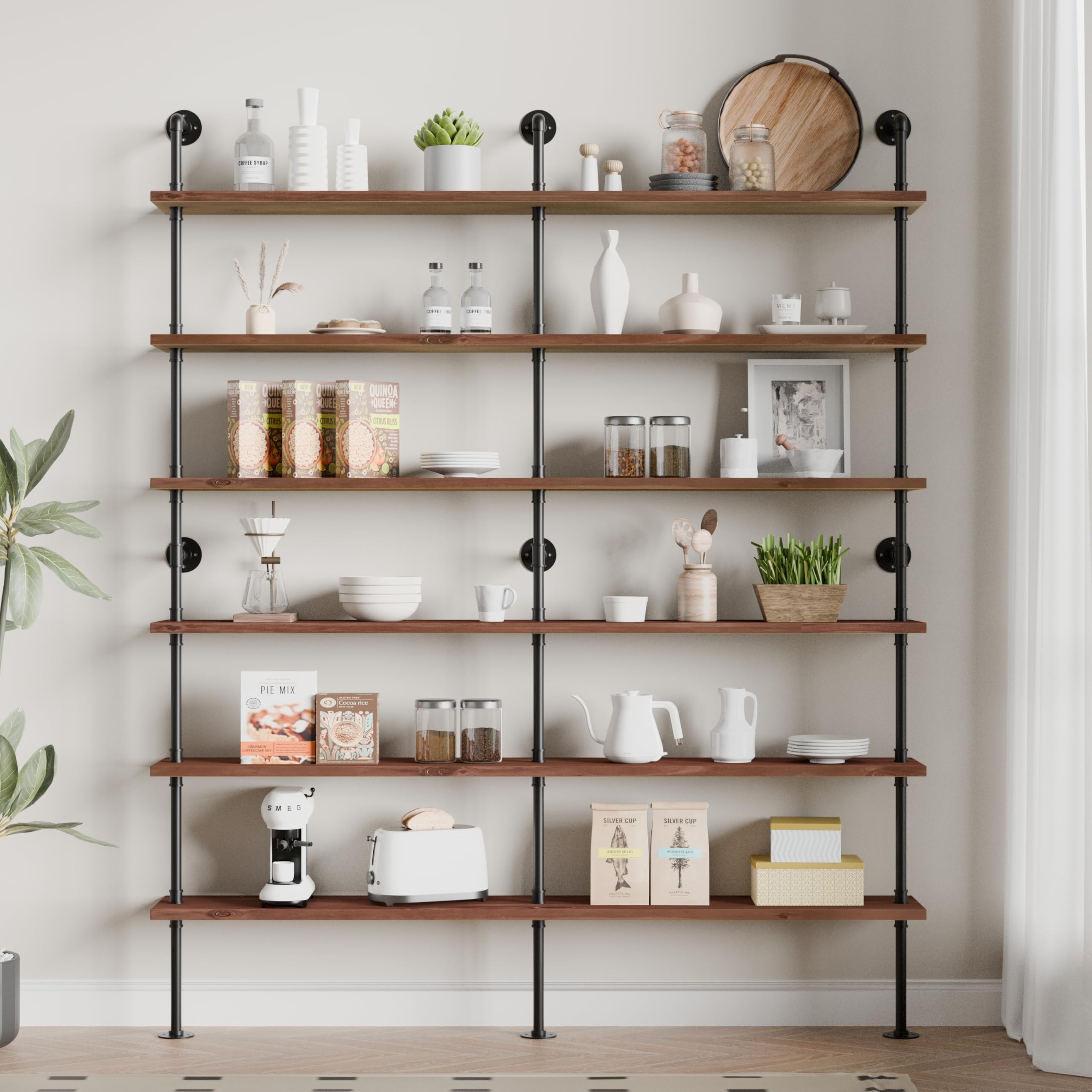 Photo 1 of Anynice Industrial Ladder Shelf Bookcase, Wall Mounted Rustic Bookshelf, Retro Wood Metal Pipe Industrial Shelves for Living Room(Walnut Brown, 6 Tier - 10" D x 70" W x 82.5" H)