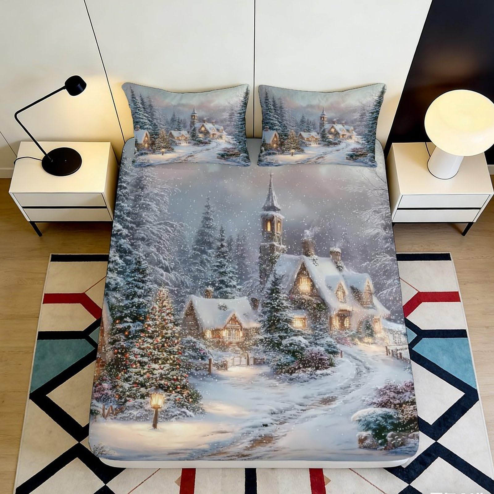 3D Printed Winter Village Fitted Sheet Microfiber Soft Breathable Snowy Cottage Bed Cover for Bedroom Dormitory Guest Room Mattress Protection Decor 140x200x25cm