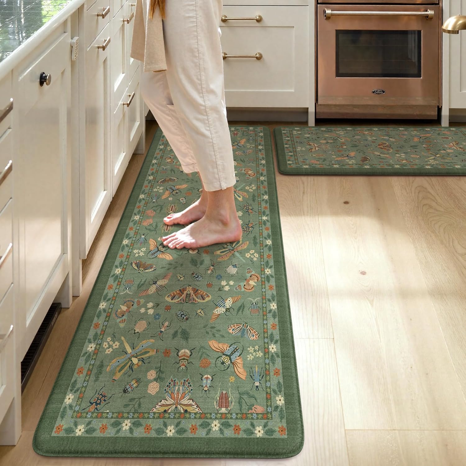 LEEVAN Anti Fatigue Mats for Kitchen Floor Non-Slip, Cushioned Kitchen Mats for Floor 17.3''x29''+17.3''x59'', Green Memory Foam Kitchen Mat Set Green 17.3"x29"+17.3"x59"-0.47inch