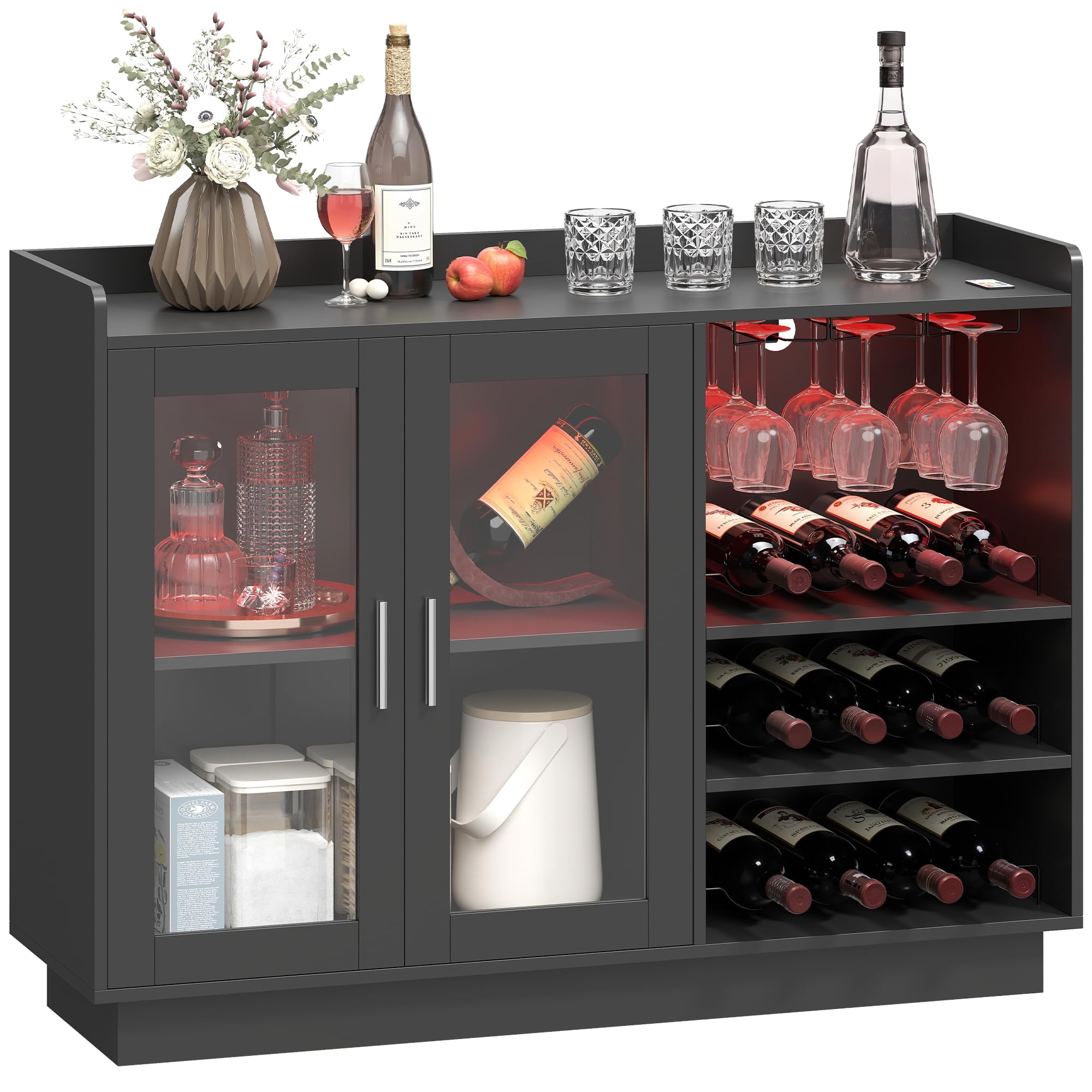 HOMCOM Mobile Portabottiglie con Luci LED RGB e Porta Bottiglie da 12, Cantinetta con Ante Soft Close in Vetro e Ripiano Regolabile per Sala da Pranzo, Cucina e Casa Nero