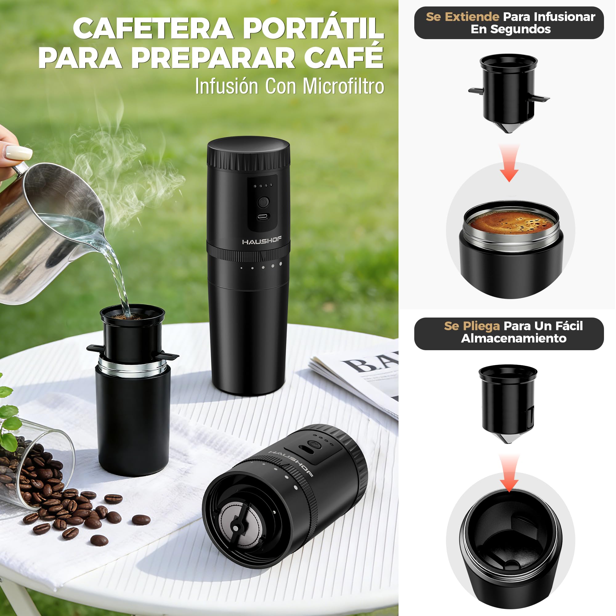 HAUSHOF Molinillo de Café Eléctrico Portátil Inalámbrico con Sistema de Infusión Manual, 5 Niveles de Molienda Ajustable, Taza Térmica de Viaje, Recargable USB-C para Camping, Senderismo y Oficina