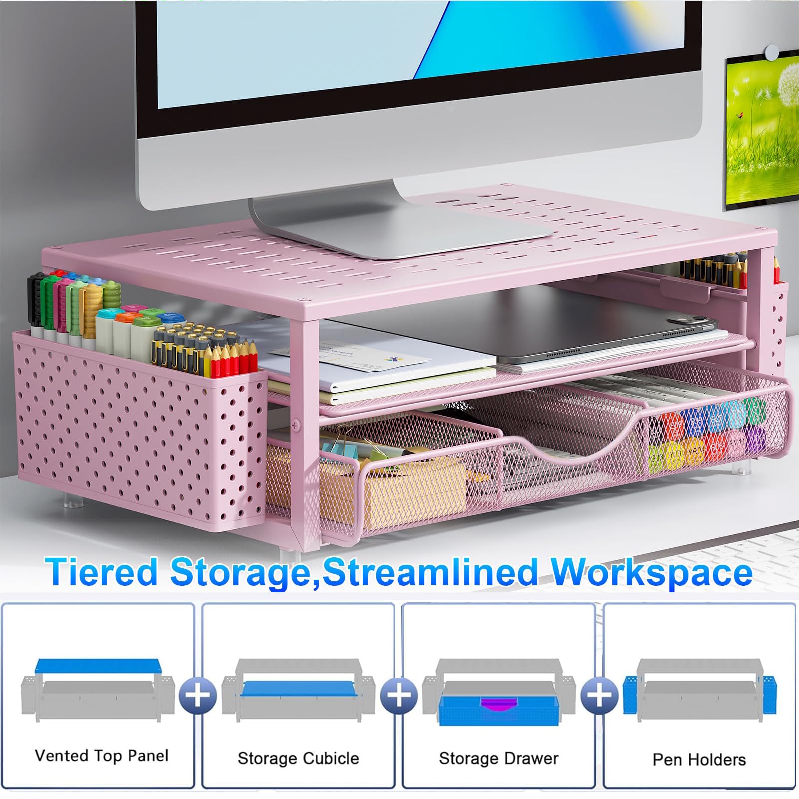 Supporto per Monitor con Cassetto, Accessori per Scrivania e Organizer con 2 Porta Penne, Supporto Ergonomico per Scrivania per Accessori da Ufficio (Rosa)