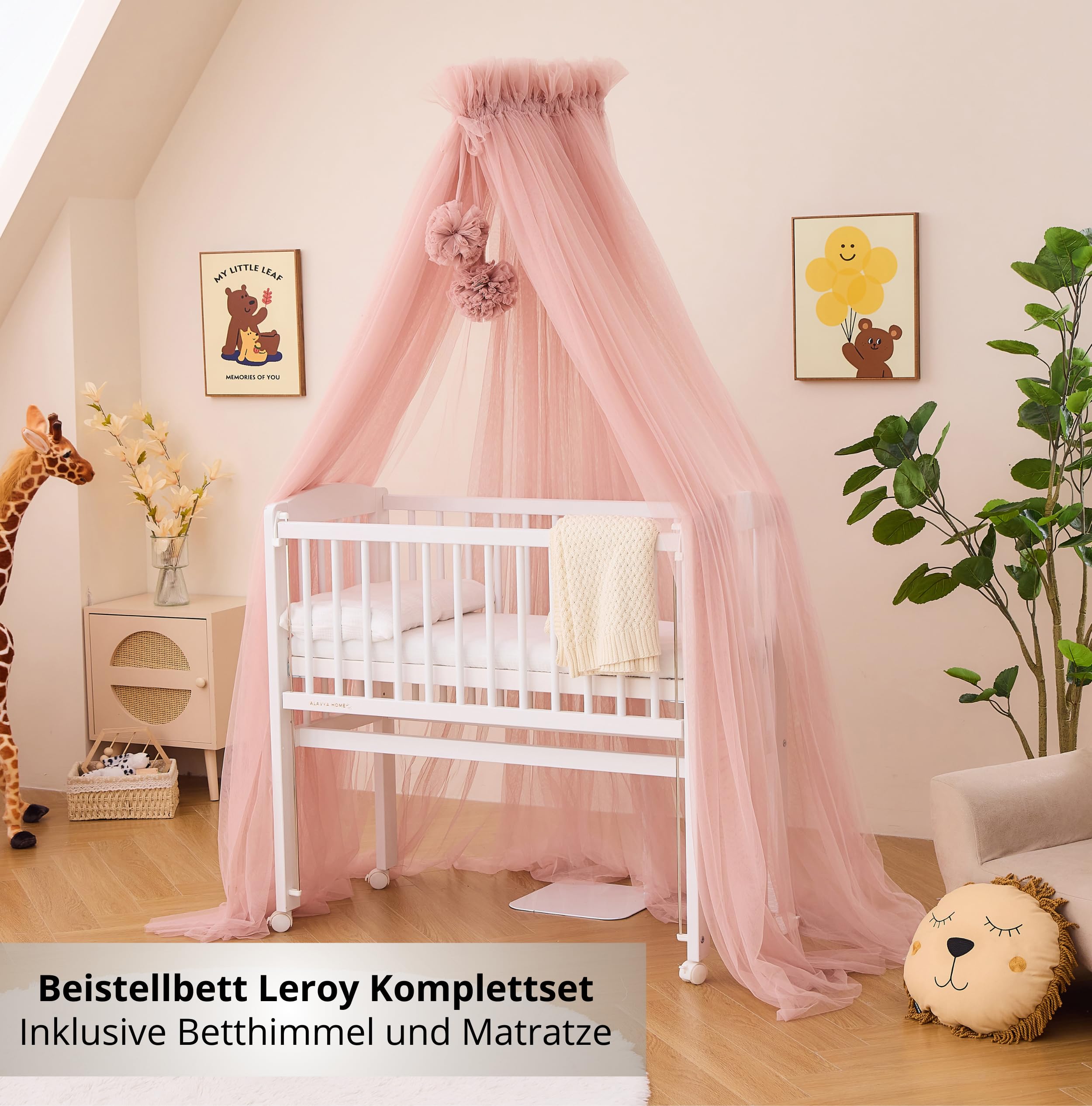 ALAVYA HOME® Beistellbett Leroy 2 in1 Babybett 6-TLG., Set Betthimmel mit 2 Bommeln + Matratze + Himmelstange aus Buchenholz (Weiß - Set mit Betthimmel Rosa)
