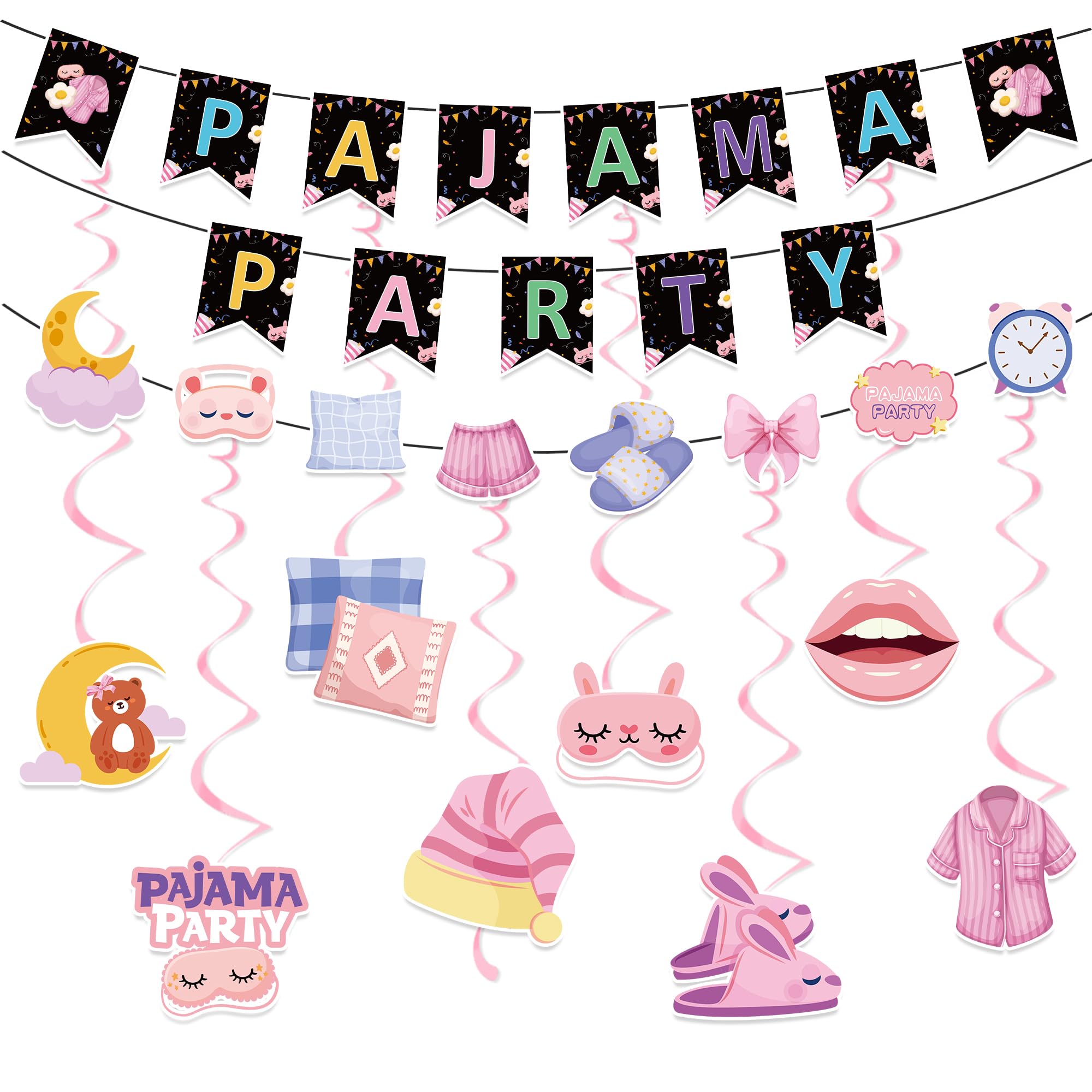 Pajama Party Decorations - Pajama Party Banner with Hanging Swirl Sleepover Party Supplies for Girls Slumber Party Favors Birthday Night Out