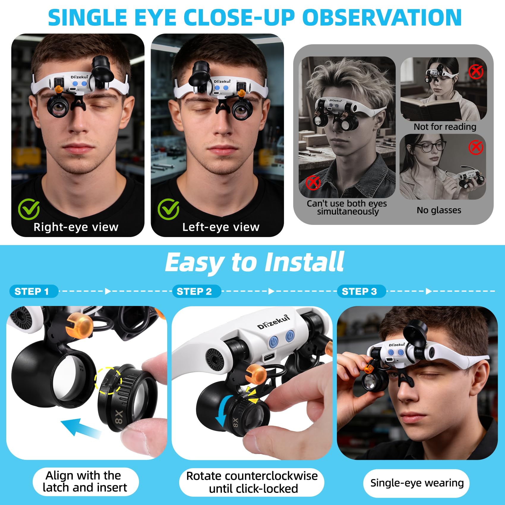 Dilzekui Loupes pour travail rapproché, loupe 1,5 x 15 x avec lumière
