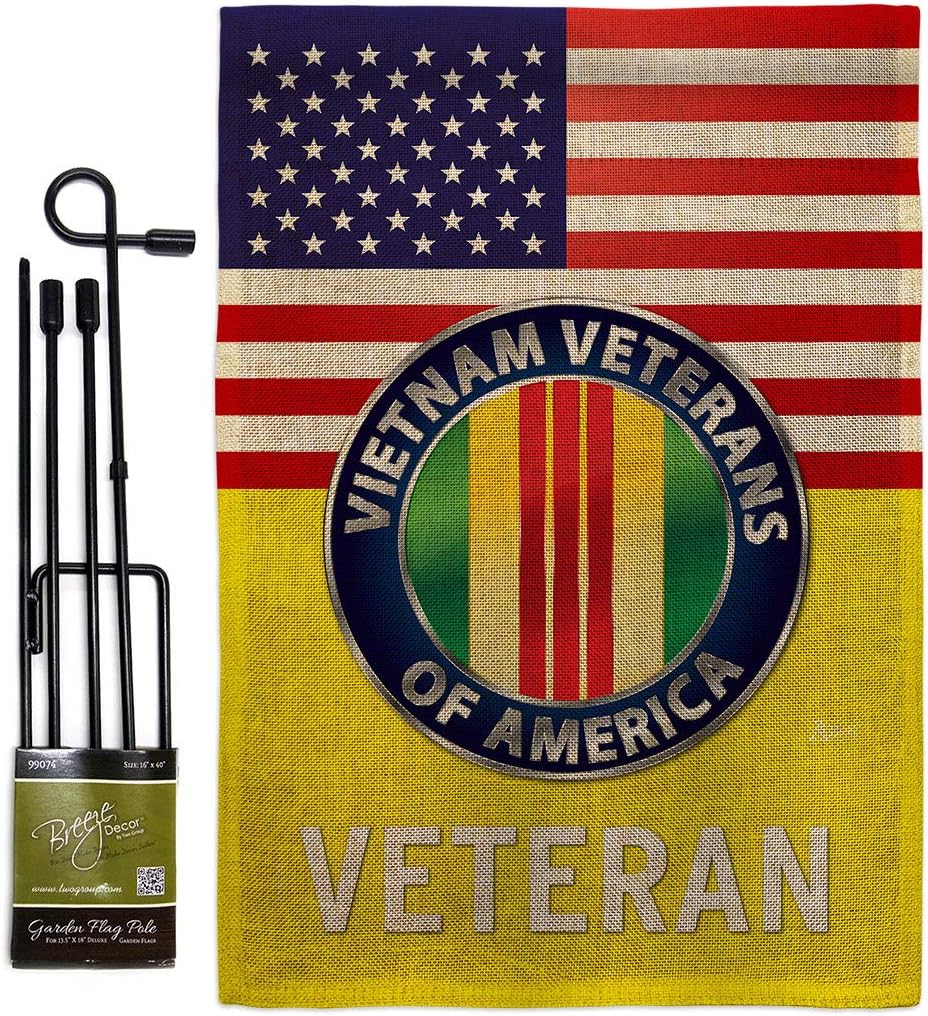 US Vietnam War Burlap Garden Flag - Set with Stand Armed Forces Military Service All Branches Support Honor United State American Veteran Official - House Yard Rememberance Veterans Day Gifts
