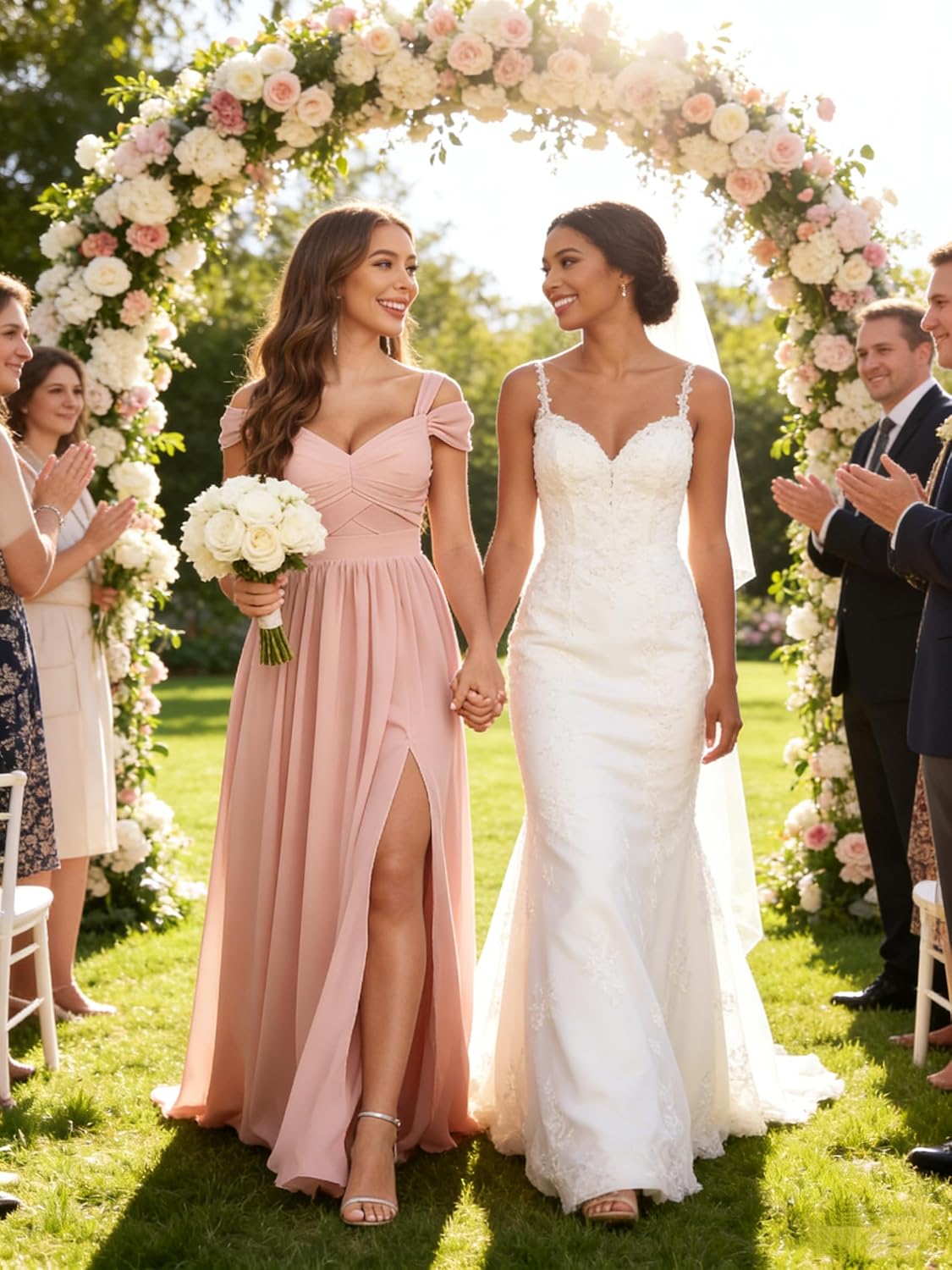 Off The Shoulder Bridesmaid Dresses for Women A Line Chiffon Ruched Long Formal Evening Dress with Slit - Image 2