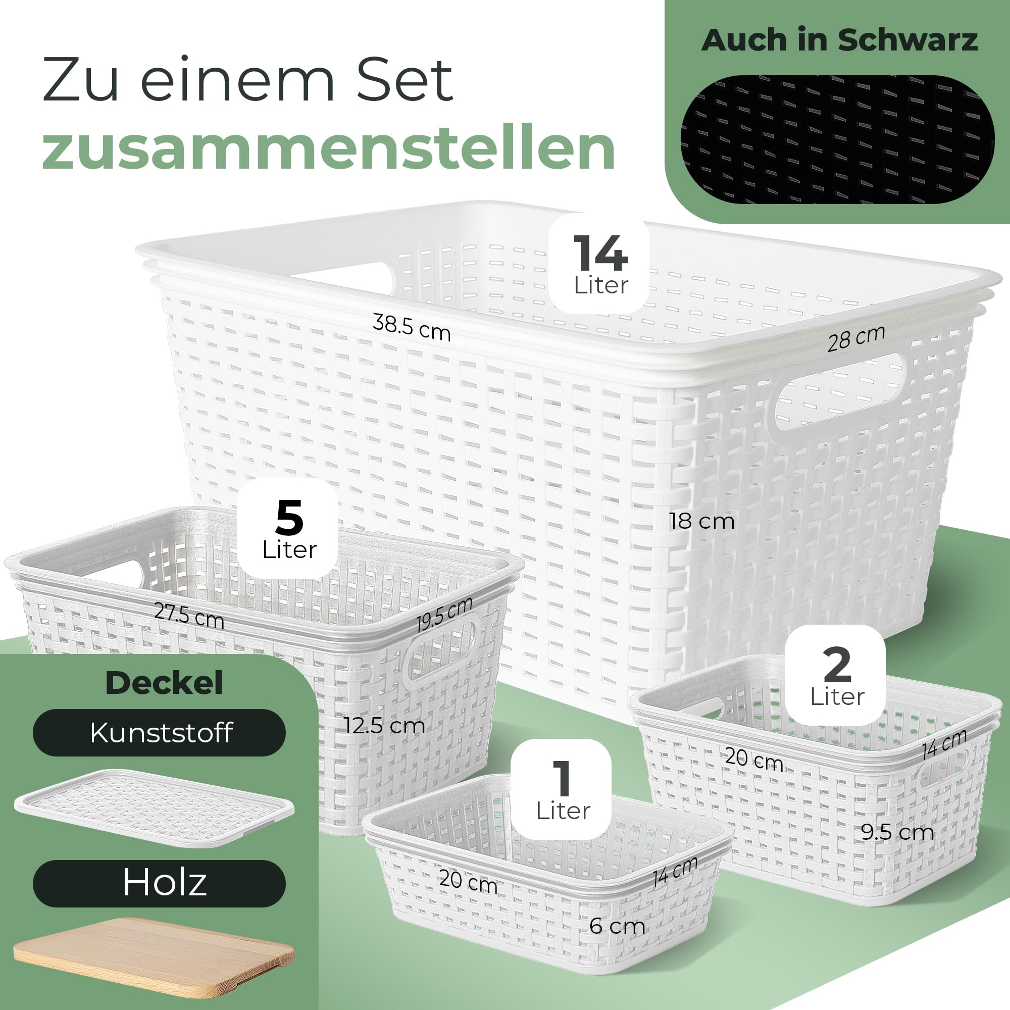 Novaliv Juego de 6 cajas de almacenamiento con tapa de madera, cesta grande de 14 L, color blanco, diseño de ratán, apto para alimentos, apilables, de plástico, sin BPA, con tapa