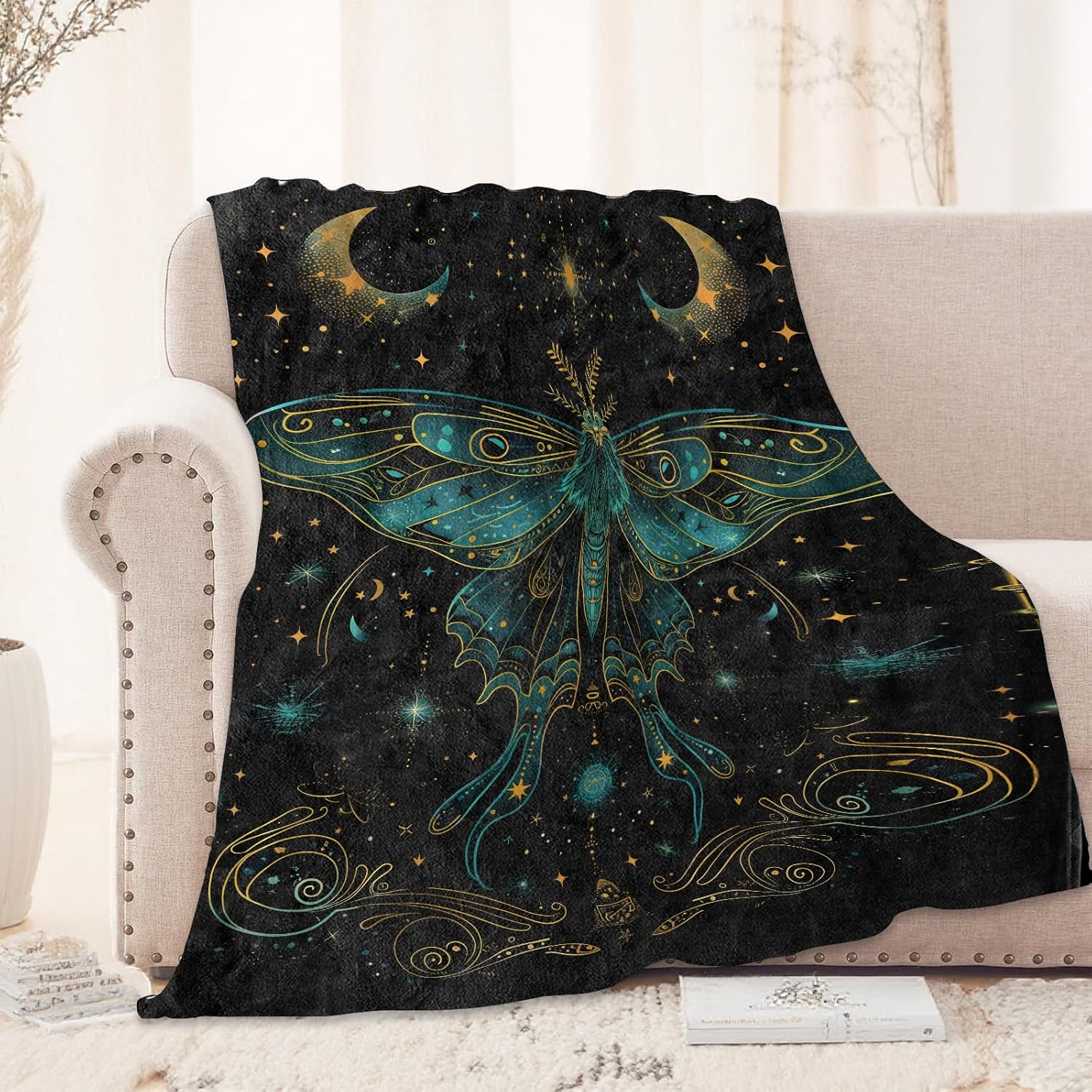 Celestial Moth Blanket 50x60 in, Flannel Throw Blankets for Travel Camping Sofa Living Room Decor, Lightweight Cozy Soft Fuzzy Gifts for Women Adults Kids - Image 2