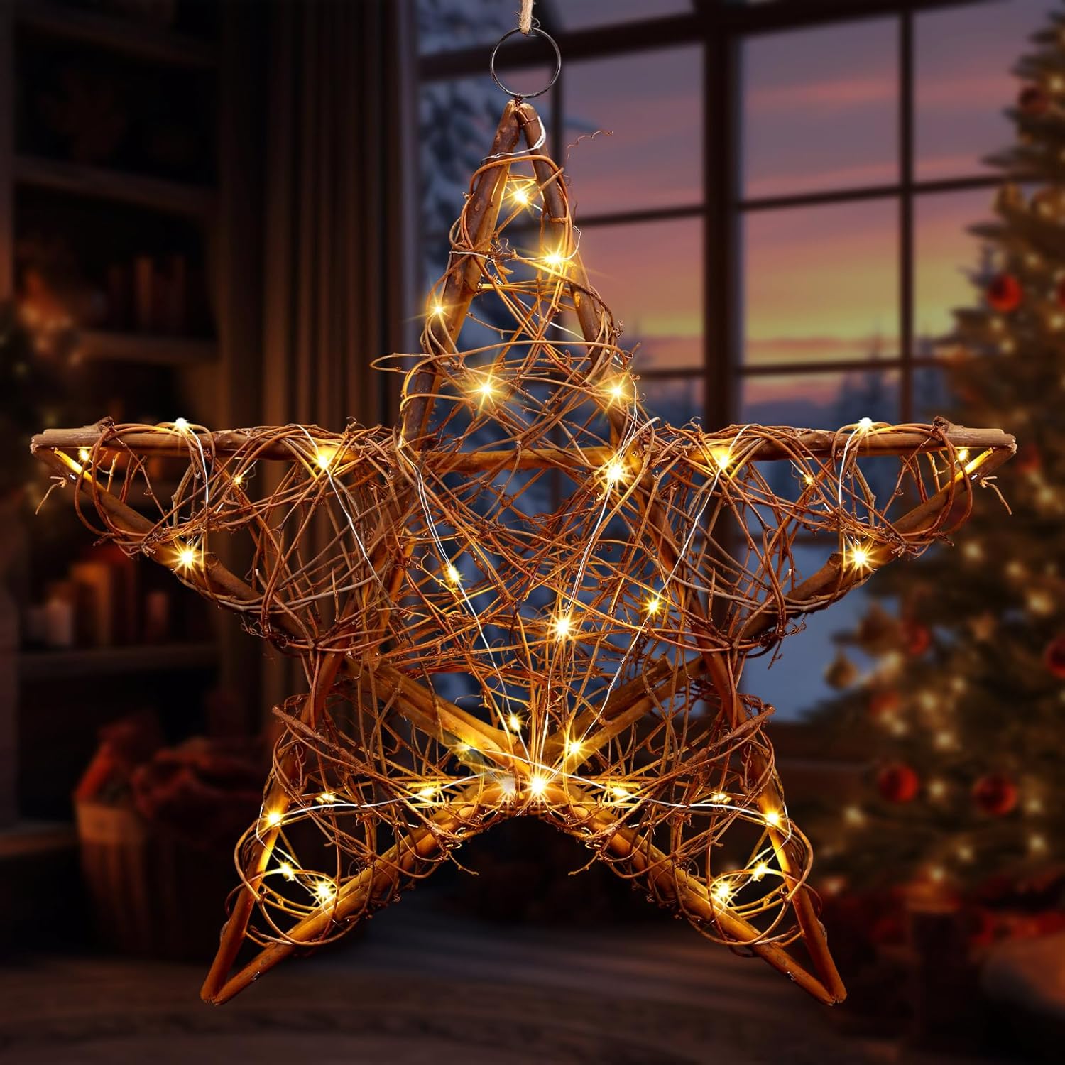 Retisee 24" Extra Large Christmas Star Window Lights Rustic Rattan Hanging Star Lights Battery Operated Rattan Natural Christmas Window Decorations Lamp for Door Porch Home Xmas Tree Outdoor Indoor