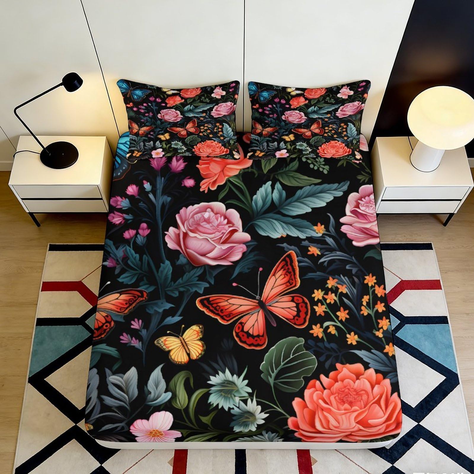 3D Printed Floral Butterfly Fitted Sheet Microfiber Soft Breathable Botanical Bed Cover for Bedroom Guest Room Decor 90x200x25cm