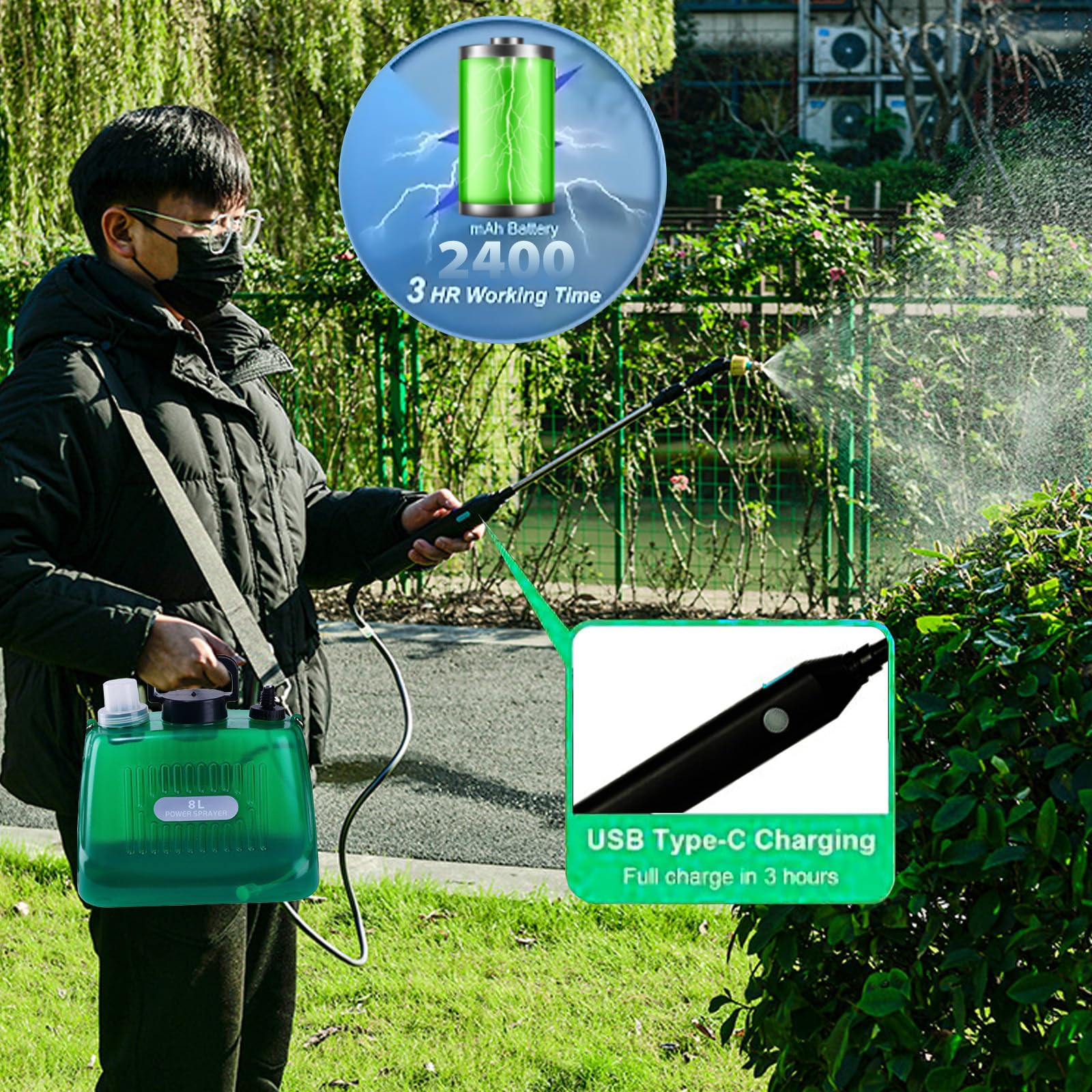 Spruzzatore a Pressione da 8L, Spruzzatore Elettrico con 3 Ugelli Nebulizzatori, Barra Spray Retrattile