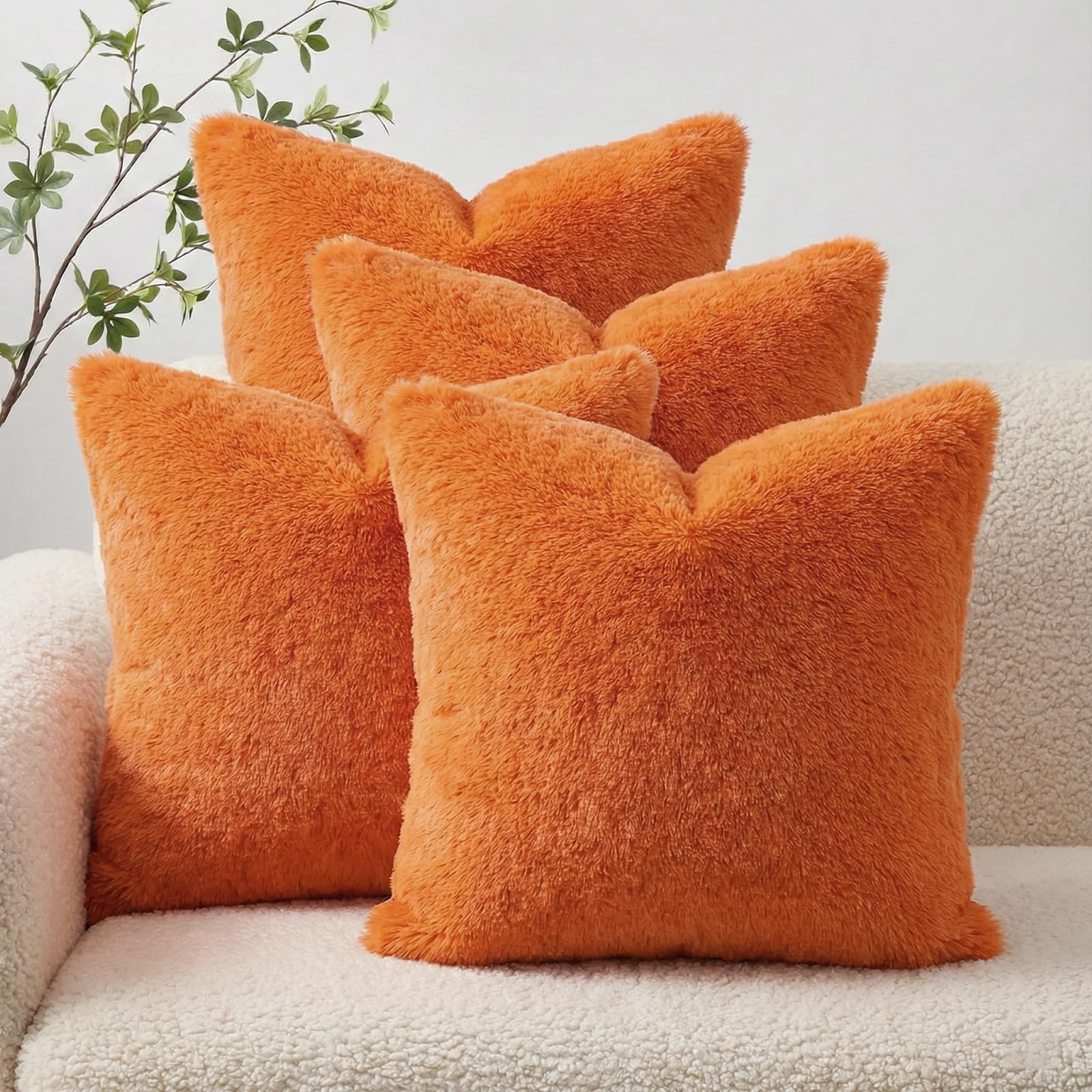 Thmyo 4-Pack Faux Fur Cushion Covers Fluffy Soft Throw Pillow Cases Super Soft Plush Cushion Covers Fashion Home Decorative Pillowcases for Sofa Bed Couch,Orange,18x18inch