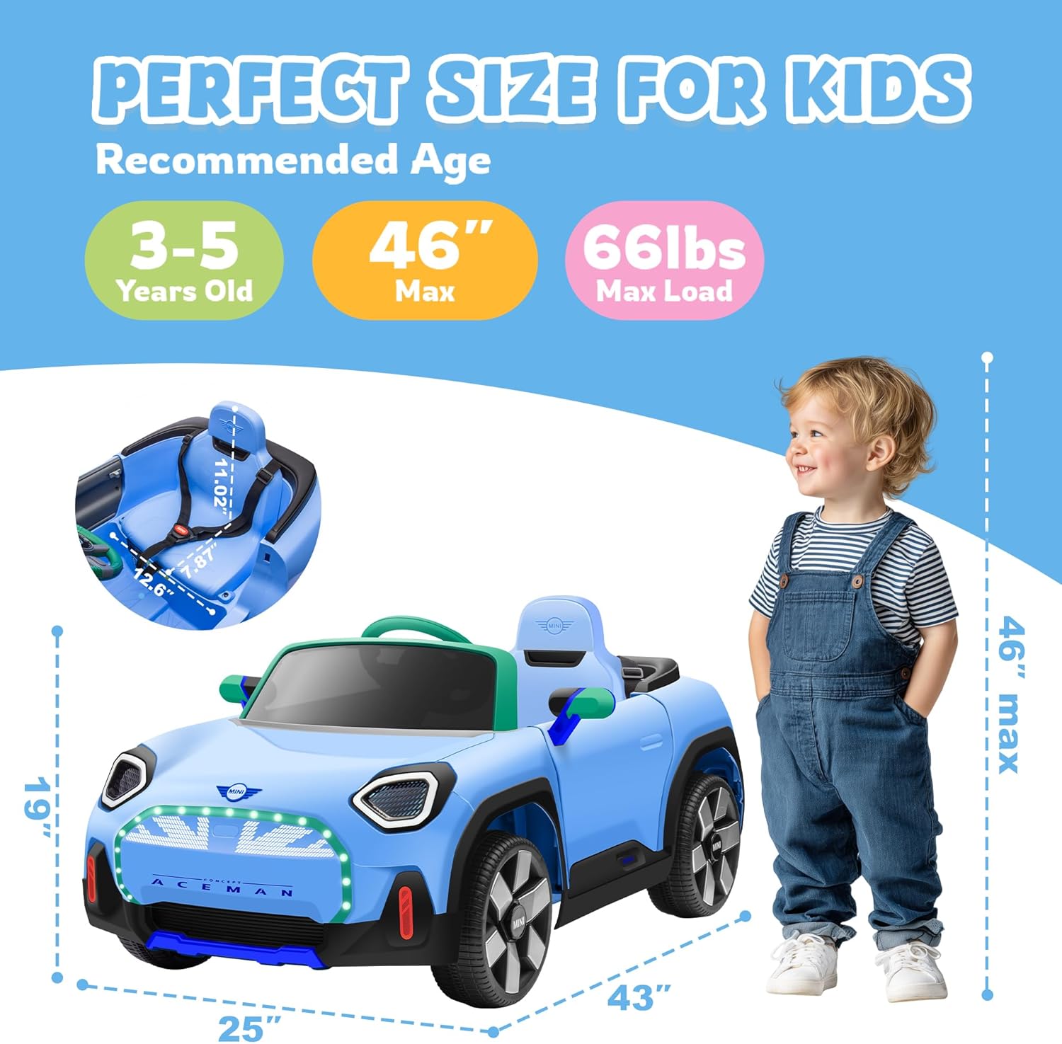 XCAR 12V Kids Electric Car, Power Wheels with Remote Control, Ride on Car Toys with LED Light, 3 Speeds, Light Blue
