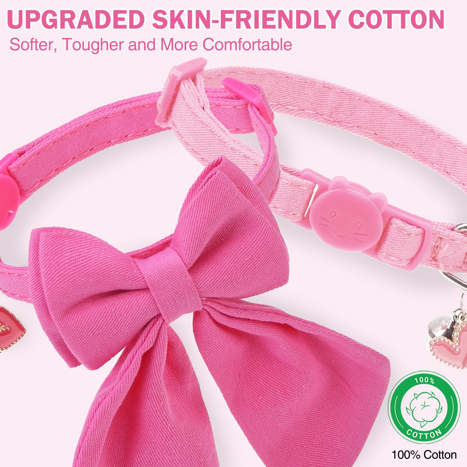 Collar de gato con campanas, collar de lazo rosa para gatos hembra, collar de gatos pequeños con lazo para primavera y verano, paquete de 2 collares suaves y bonitos con cuello de camisa