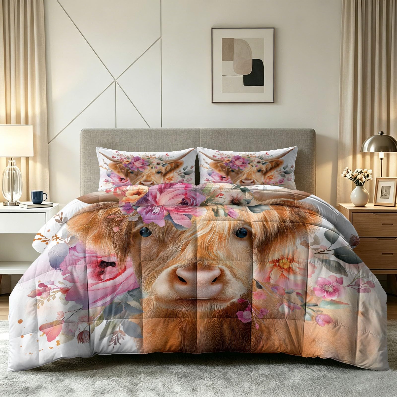 Couette 4 saisons 230x220 cm avec taies imprimé vache des Highlands