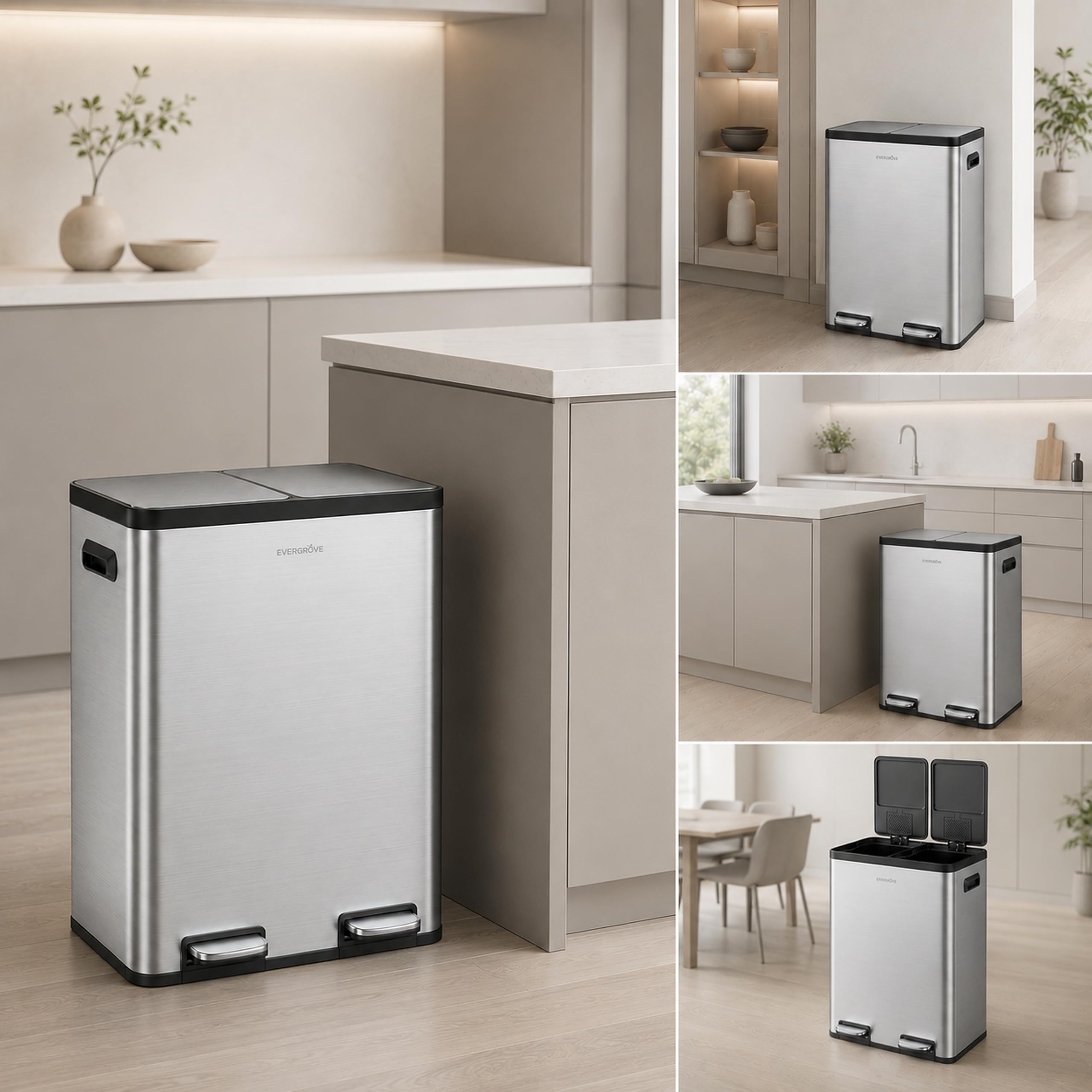 EverGrove 60L Mülltrennsystem, 2x30L, Edelstahl-Deckel (Brushed Silver) | 2 x 30-L-Fächer,Soft-Close-Deckel,Edelstahl-Deckel,Geruchsfilter,Herausnehmbare Inneneimer mit Beutelfixierung