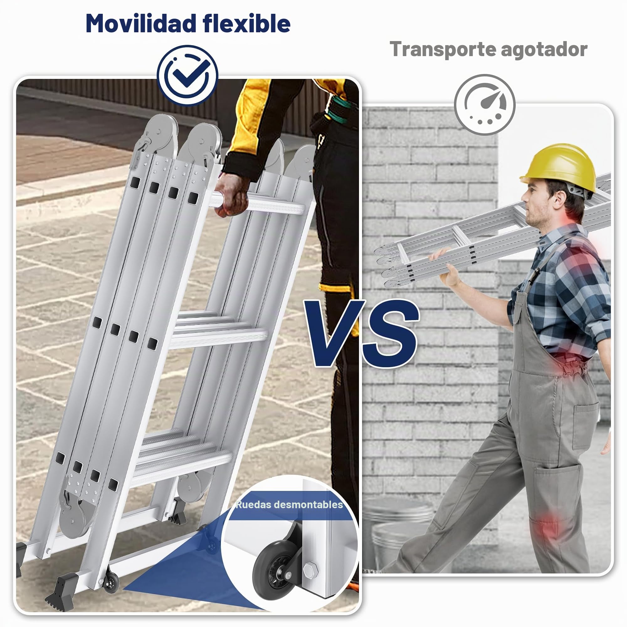 Froadp Escalera multiusos 6 en 1, 3,4 m, plegable, de aluminio, con 2 ruedas y plataforma, multifunción, soporta hasta 150 kg