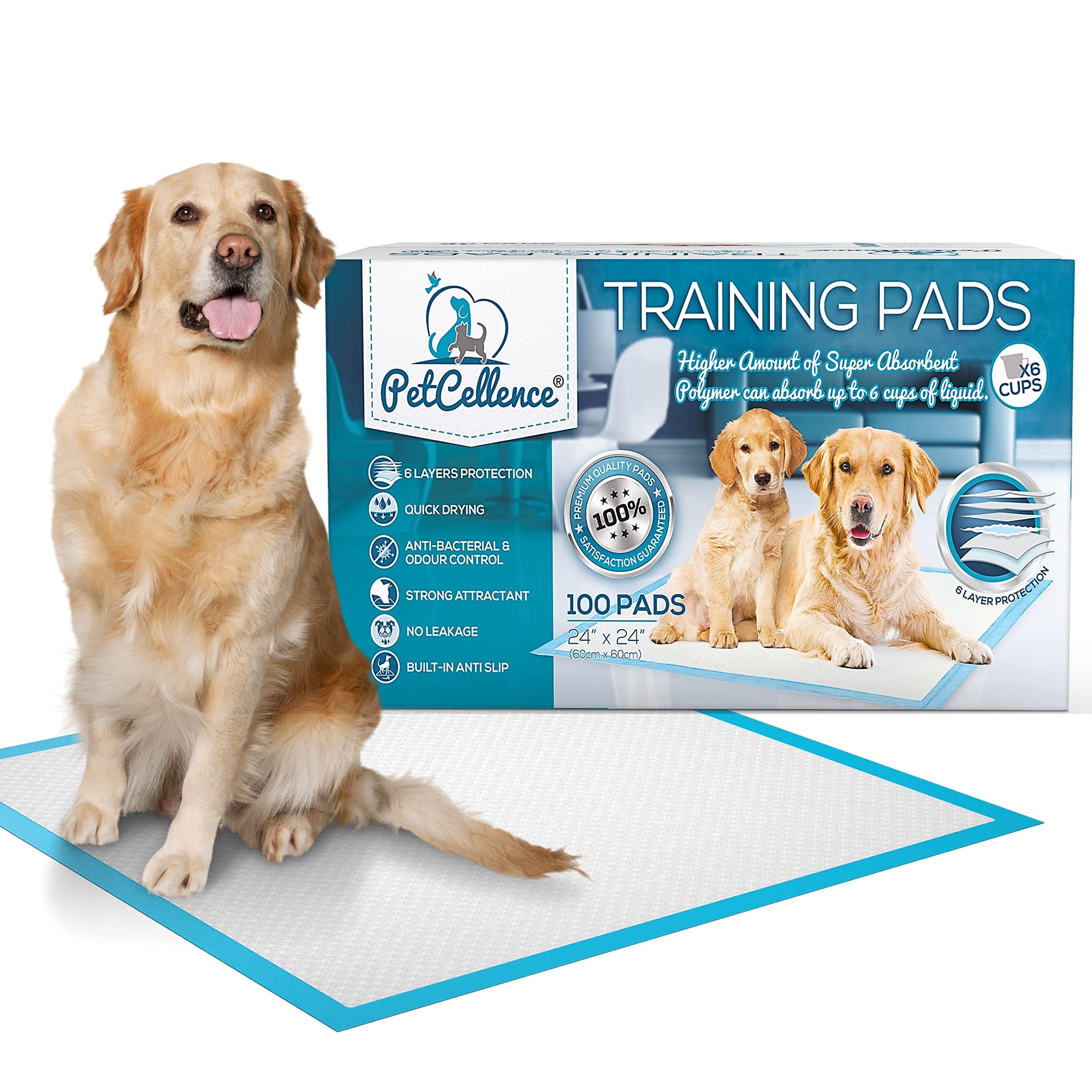 PetCellence Large Puppy Pads 100 Count - 24” x 24” Pet Pee Pads for Dogs with Adhesive Sticky Tapes, Ultra Absorbent & Leak-Proof Dog Toilet Training Pads? 6 Layers Protection ?