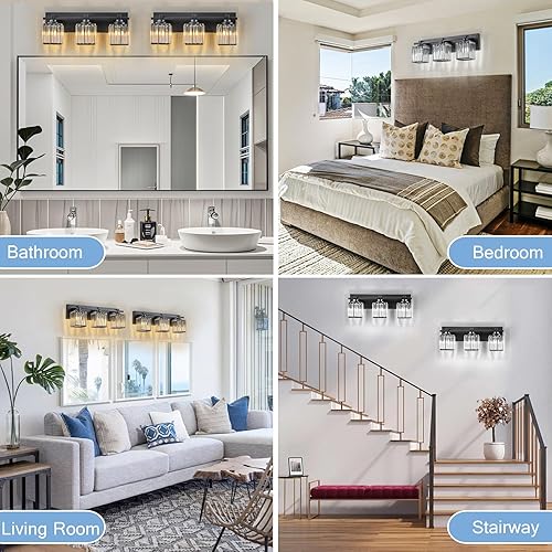 Miniatura 6 de Lámpara de baño de cristal, 3 luces negras claras sobre espejo con pantallas de cristal, moderna lámpara de tocador de baño para baño, baño, armario