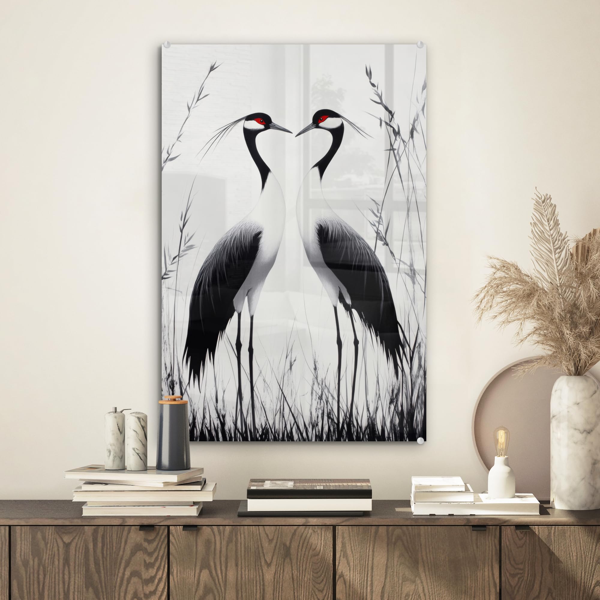 MuchoWow© Quadri Grande Formato 40x60 cm Mini Poster Parete Moderno Interno Stampa Foto Su Vetro Salotto Cornice Murale Arredamento Gru - Erba - A Forma Di Cuore - Nero
