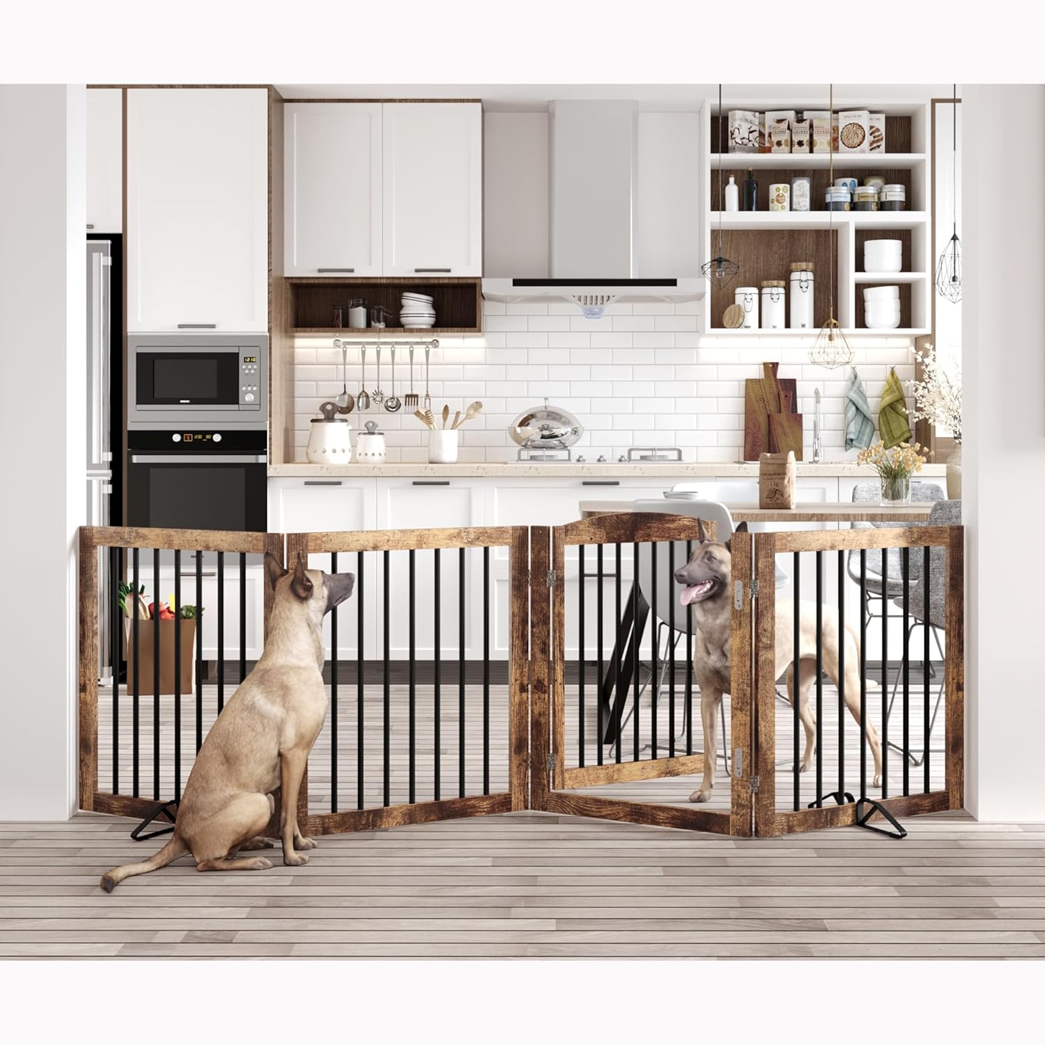 Vantas Folding Pet Gate 96\" Wide, 30\" Tall No-Assembly Wooden Dog Gate with Door Walk Through, Freestanding Pet Gate, Puppy Safety Fence, with 2PCS Support - Rustic Brown 4 Panels with Door Rustic Brown ( Similar)