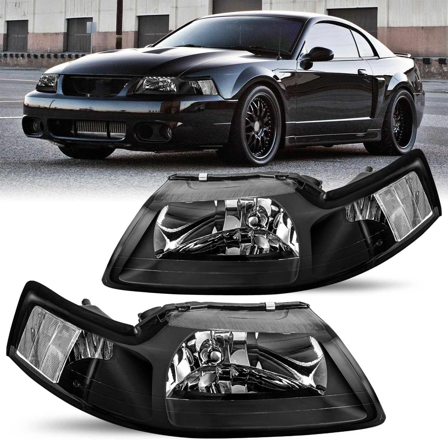 JSBOYAT Headlight Assembly Pair Fit for 1999-2004 Ford Mustang [Factory Halogen Type] OE Style Headlamp Replacement Pair (Black Housing & Clear Reflector)