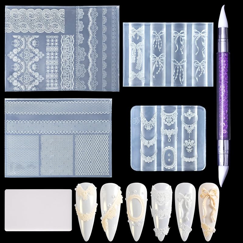 Laza 4pcs Lace Silicone Nail Art Molds Multiple Y2k Decoration Nail Molds | Reusable Nail Molds for Nail Art,Good Elasticity,3D Nail Mold, Embossed Classical Lace Charms Molds with Scraper & Pen