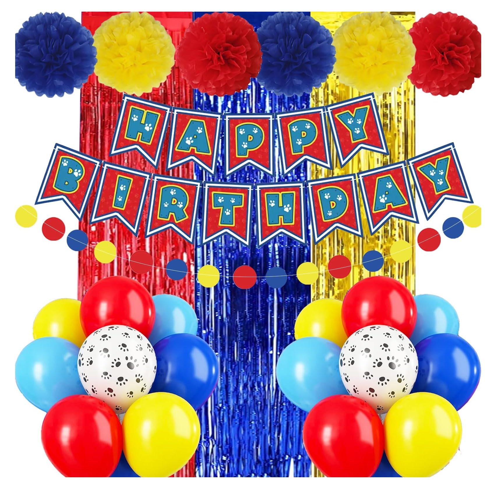 Zpltaomc Paw Birthday Decorations, Dog Paw Birthday Party Supplies, Banner, Balloons, Foil Fringe Curtains, Paper Garland Pull Flower, Tissue Paper