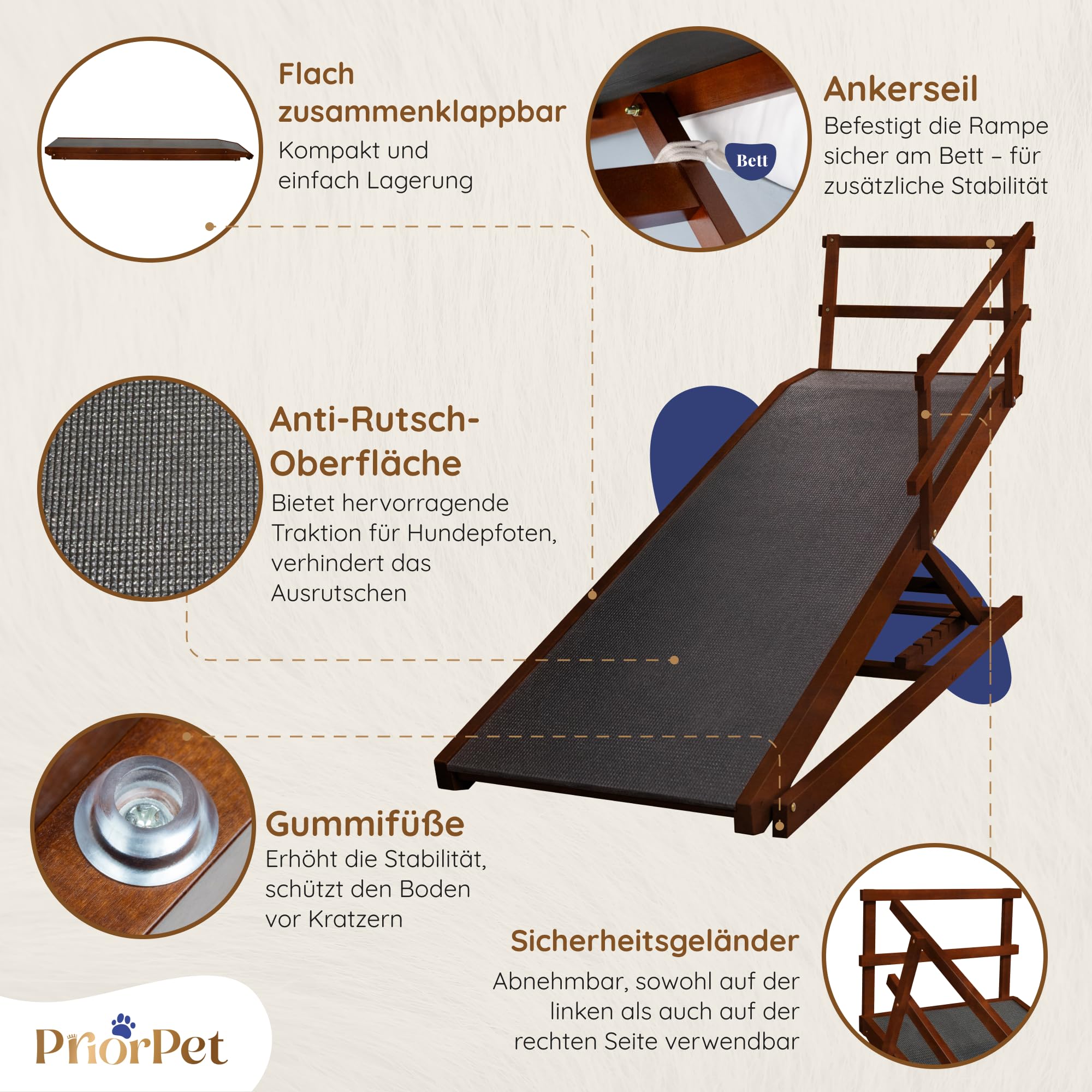 Hunderampe Bett mit Sicherheitsgeländer - Für Große Hunde bis zu 90 kg - Höhenverstellbare hundetreppe für Betten bis zu 94.5cm - Breite 49,5 cm - Klappbar - Anti-Rutsch-Griff - Birkenholz - Walnuß