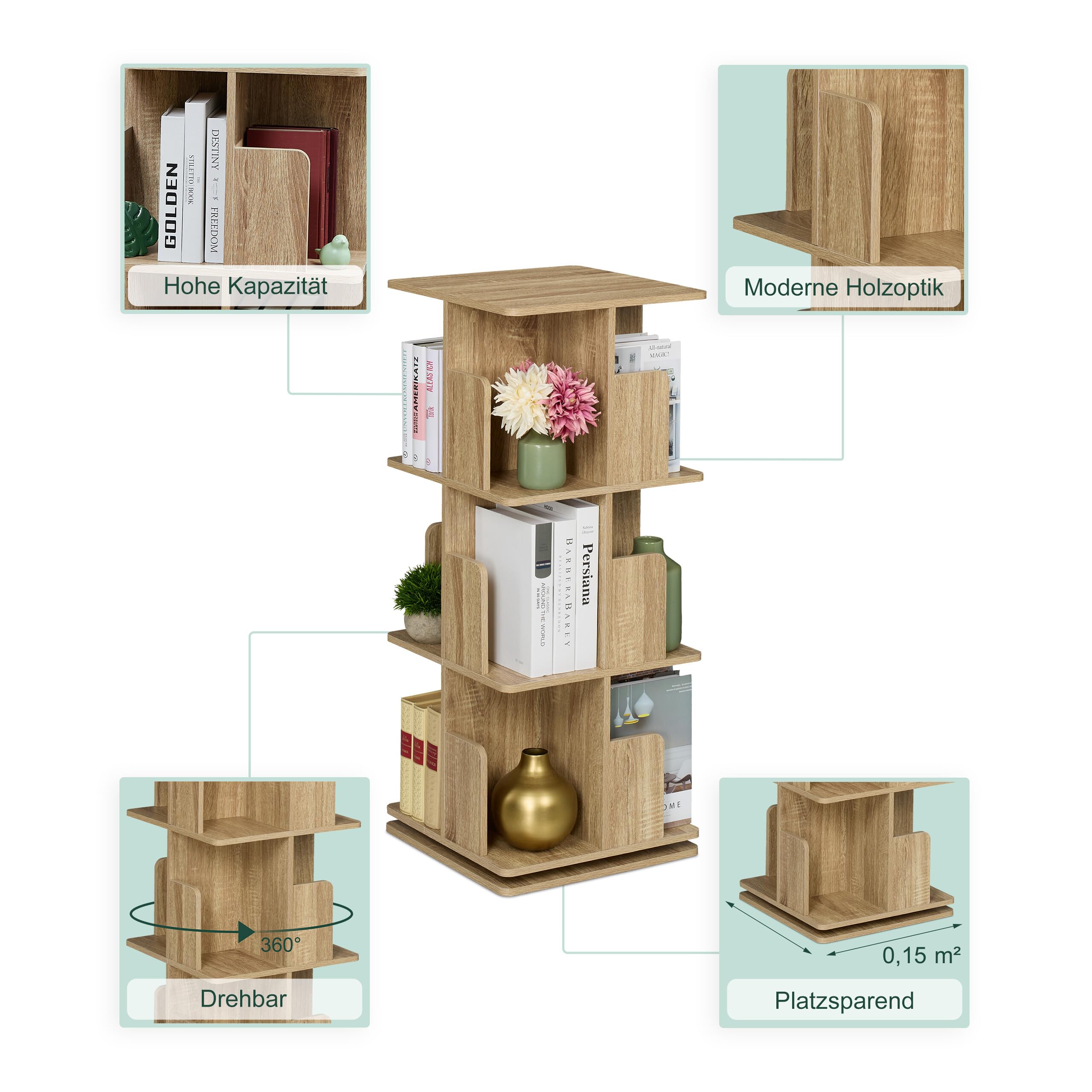 Relaxdays Bücherregal, 360 Grad drehbar, 3 Ebenen, Holzoptik, Bücher, HBT: 95 x 39 x 39 cm, Wohnzimmer Drehregal, natur