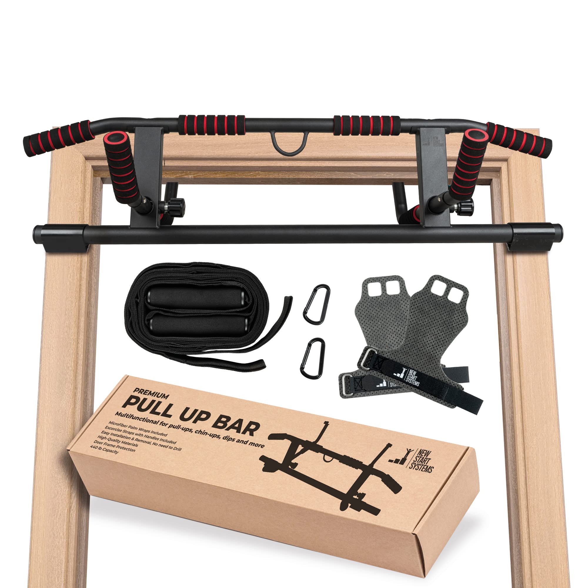 NEW START SYSTEMS - Pull Up Bar for Doorway - Heavy Duty Pullup Bar [up to 440 lbs] - Door Pull Up Bar with Bonus Palm Wraps & Exercise Straps for Dips & More. - Chin Up Bar also suitable for Push Ups - Workout Bar