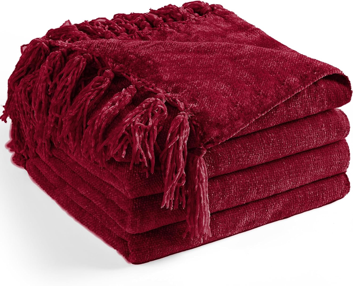 Chenille Throw Blanket for Couch 50"X 60", Soft Cozy Throws with Fringe Tassel for Bed Sofa Chair Cover, Lightweight Knitted Decorative Boho Blankets for Living Room, Red
