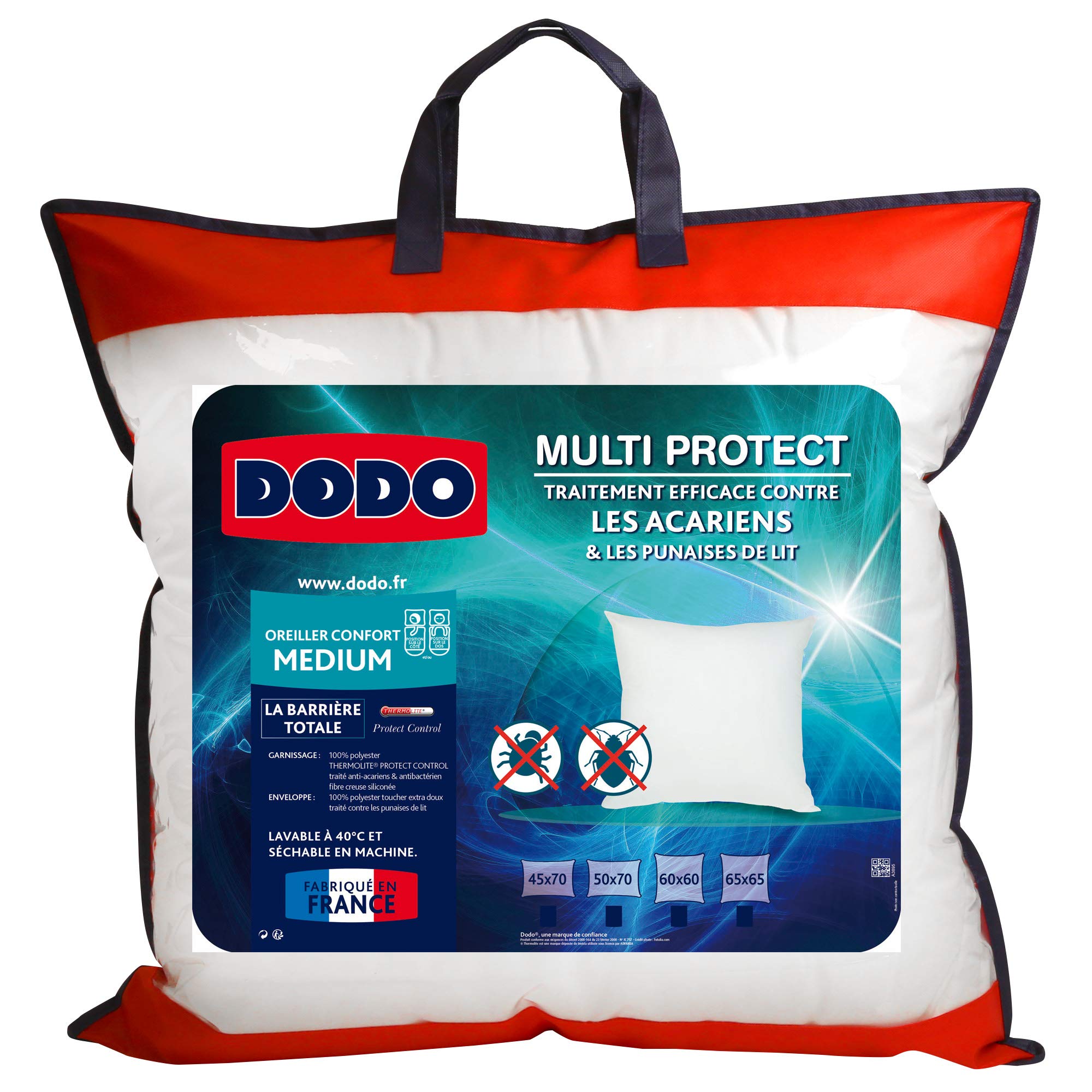 DODO | Oreiller Anti-acariens et Les Punaises de Lit 60x60 | Confort Médium | Oreiller Multi Protect | Douceur et Protection | Fabriqué en France | Lavable en Machine à 40°c (Lot de 2)