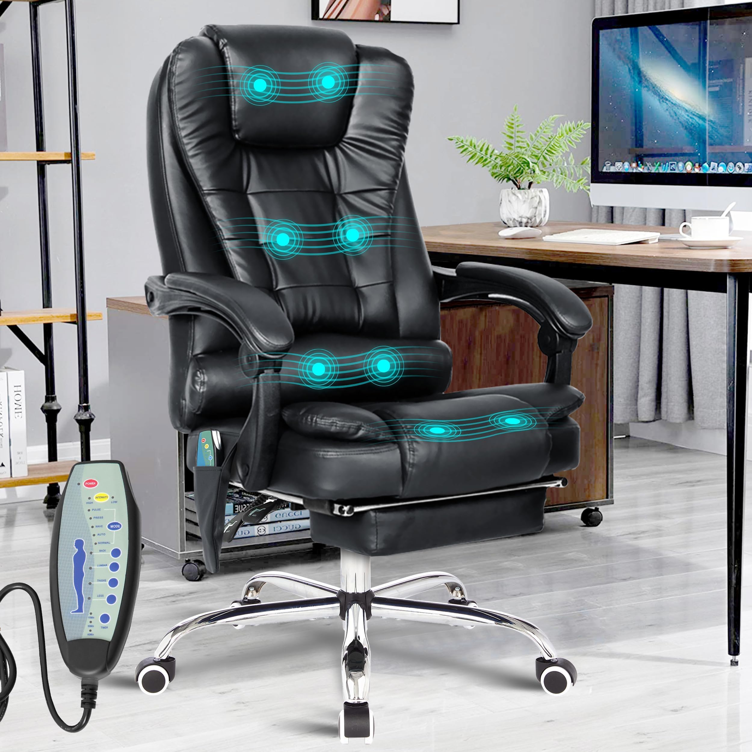 Blisswood 8 Point Massage Office Chair for Home Office,Executive Office Chair with Footrest & Lumbar Support 130° Reclining Computer Desk Chairs Adjustable Height 360° Swivel Recliner Chair (Black)