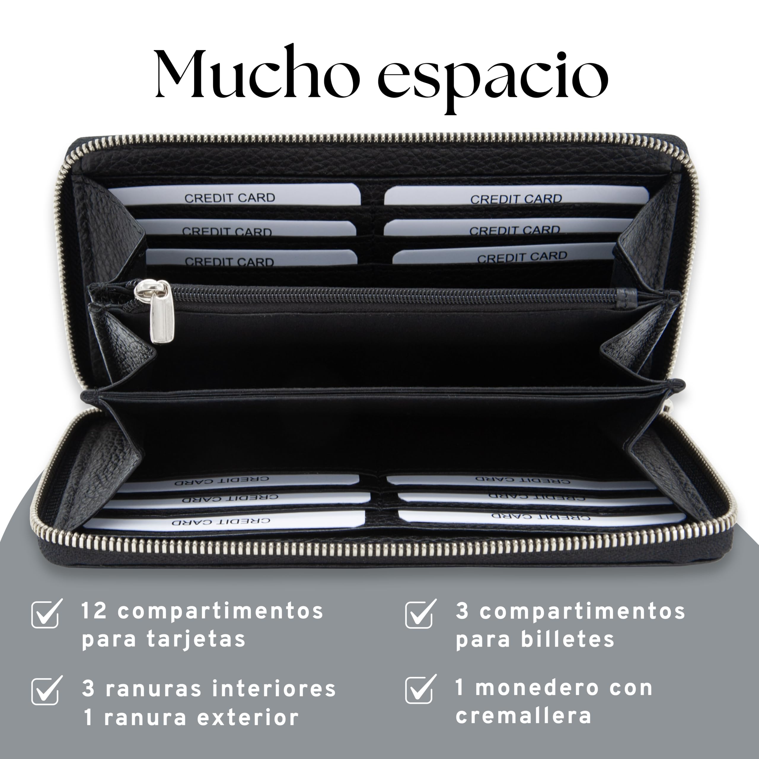 Baur - Cartera de piel auténtica para mujer | Cartera con protección RFID | Cartera grande con muchos compartimentos para tarjetas | Cremallera completa | Monedero para mujer, Negro , 19,7 x 10 x 2,5